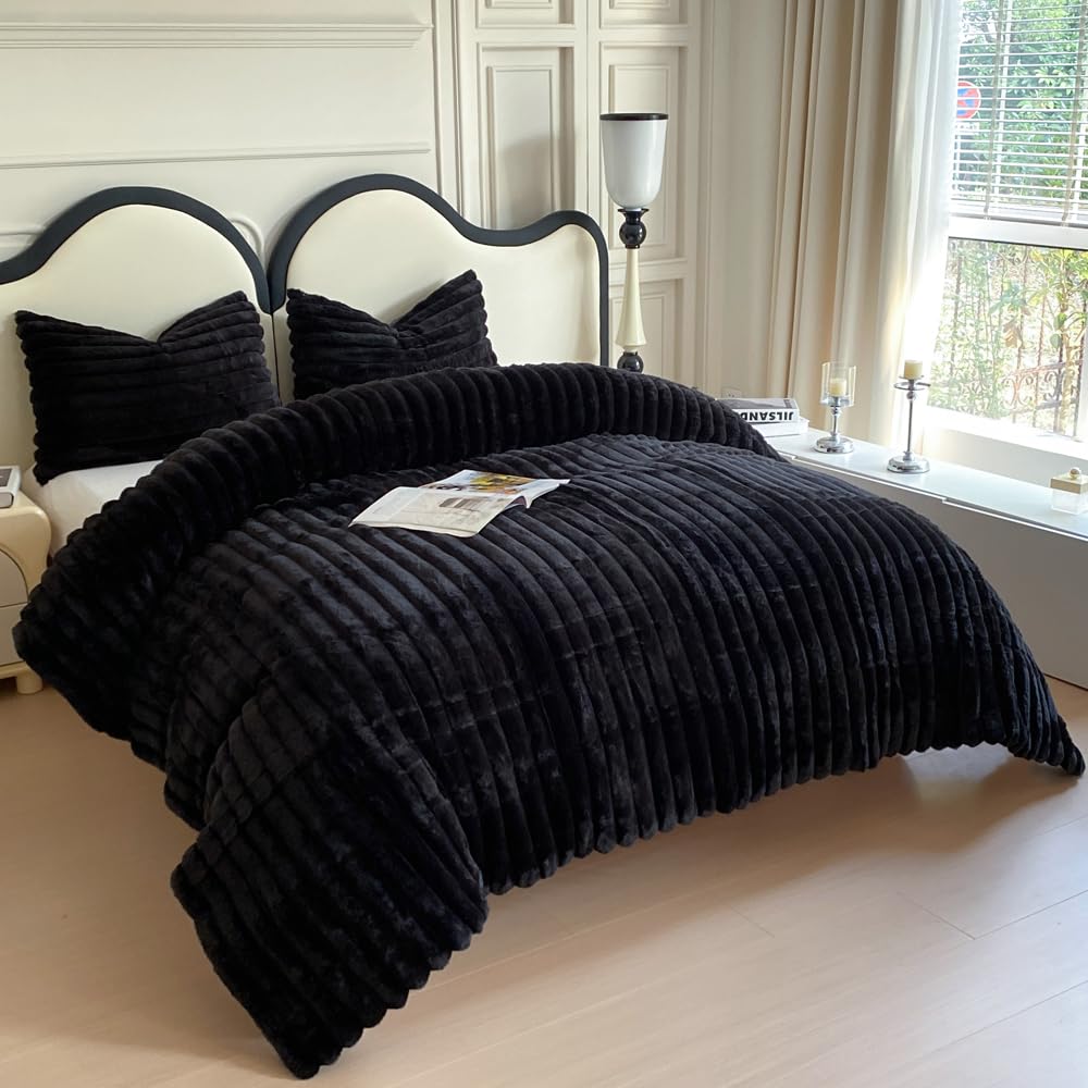 Chovy Faux Rabbit Striped Plush Black Fur Comforter Sets Queen - Ultra Soft Shaggy Flannel Velvet Fluffy Fuzzy 3Pc Bedding Set (