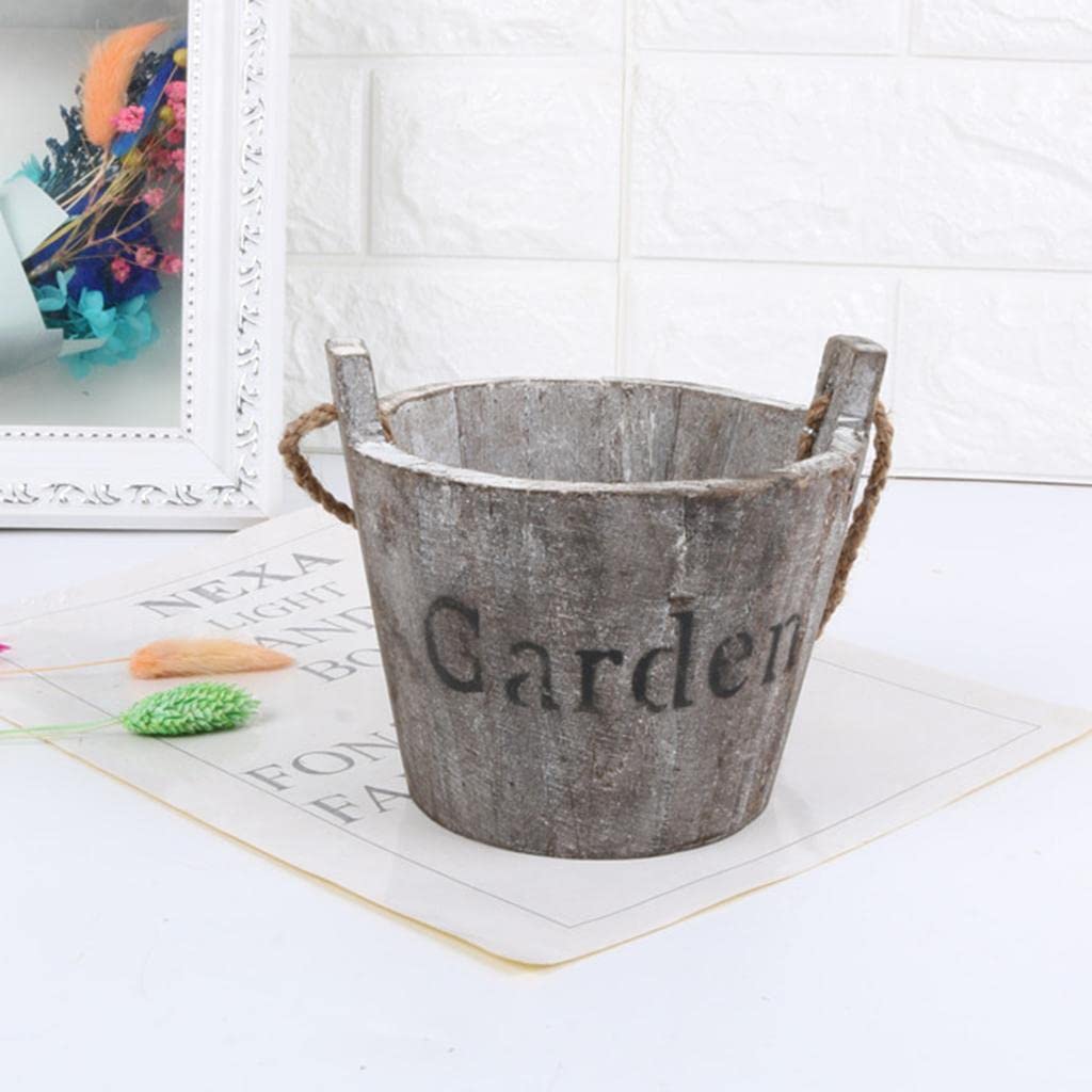 Atorse Vintage Wood Bucket Shabby Chic Flower Pots Garden Planter Pot Round Brown
