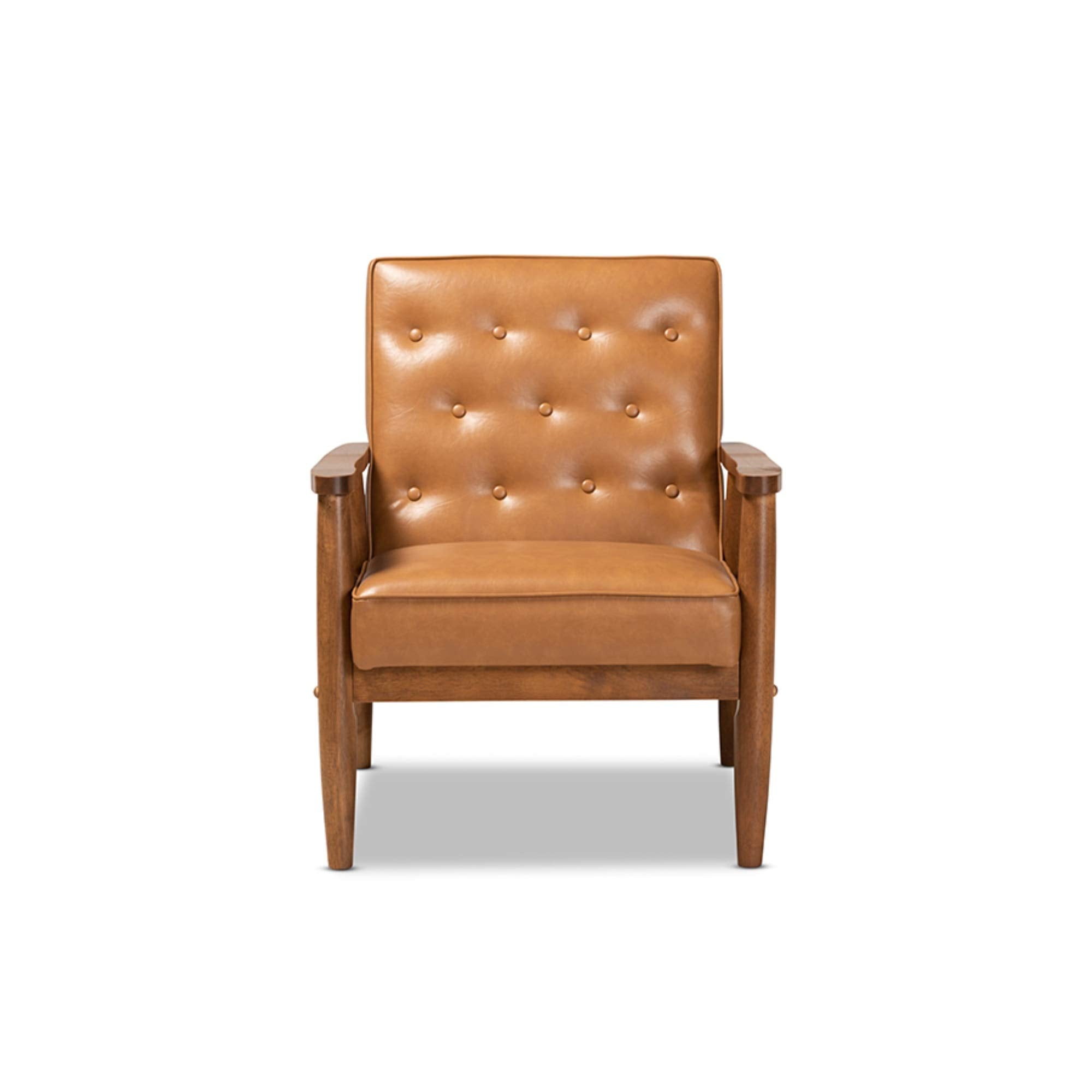Baxton Studio Sorrento Mid-Century Modern Tan Faux Leather Upholstered and Walnut Brown Finished Wood Lounge Chair