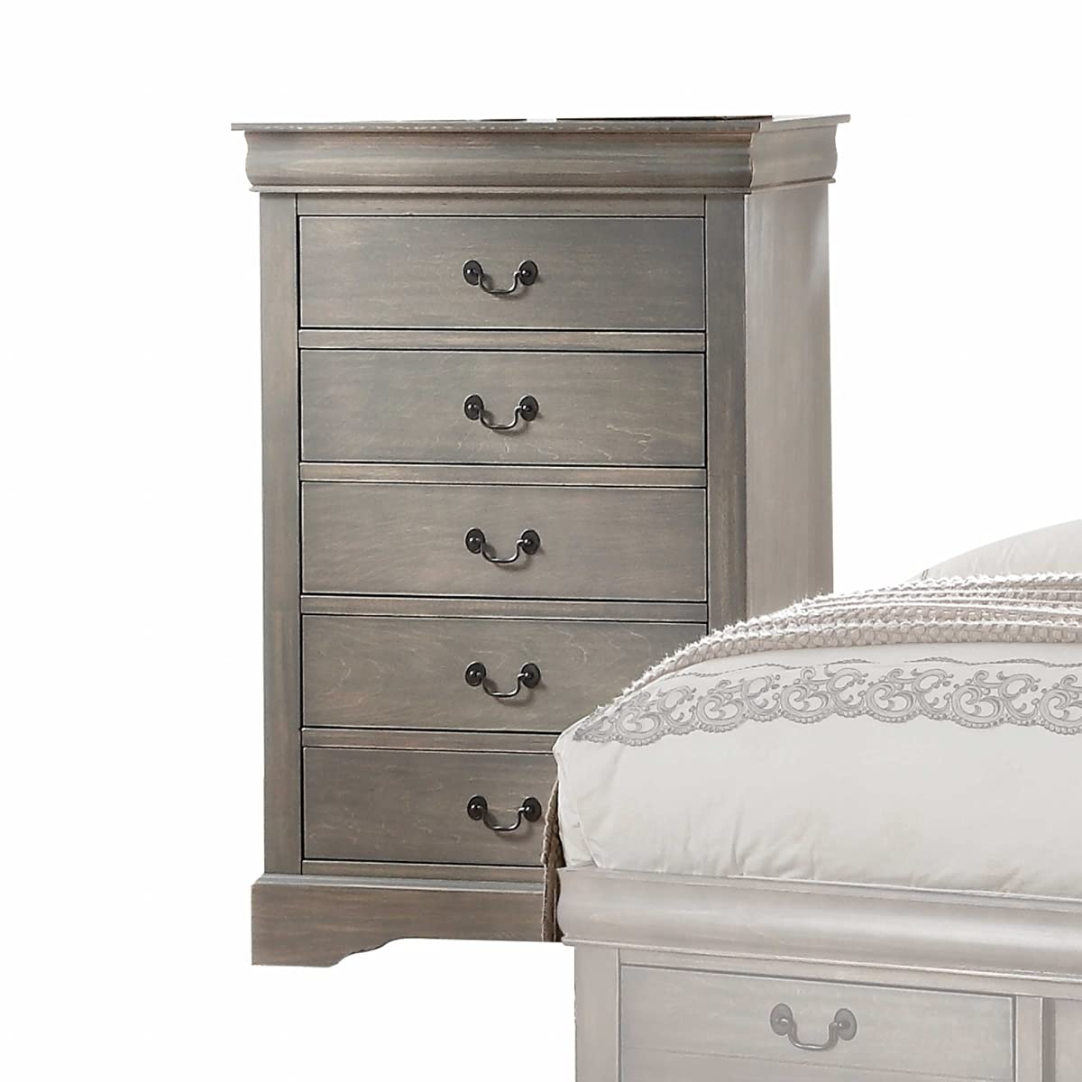 HomeRoots Antique Gray Wood, Veneer (Wood), Composite Wood 48' Antiqued Gray 5 Drawer Chest Dresse with Brushed Nickel Metal Hardware