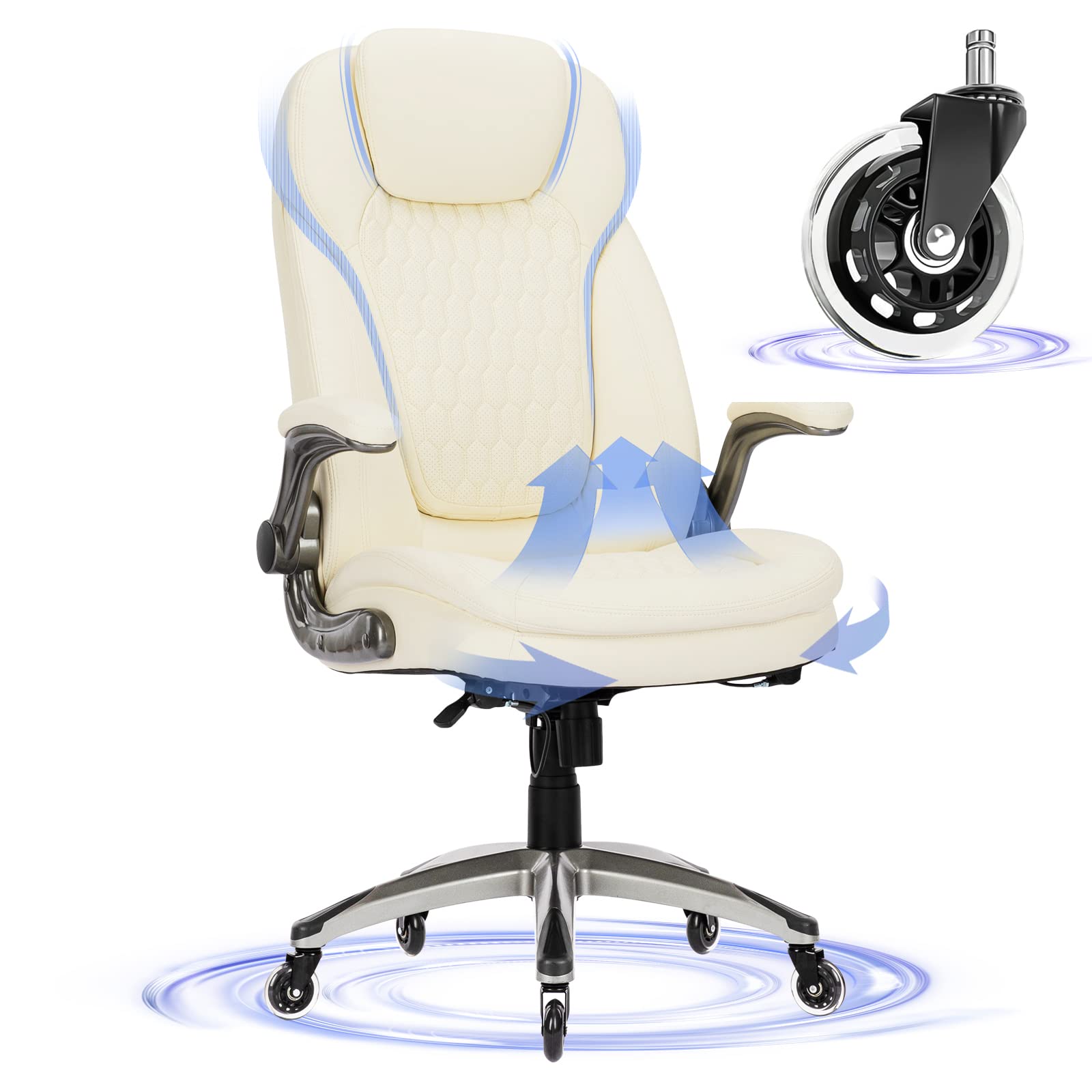Executive Office Chair-Ergonomic Computer Desk Chair with Upgraded Caster for Swivel, High Back Office Chair with Padded Flip-up