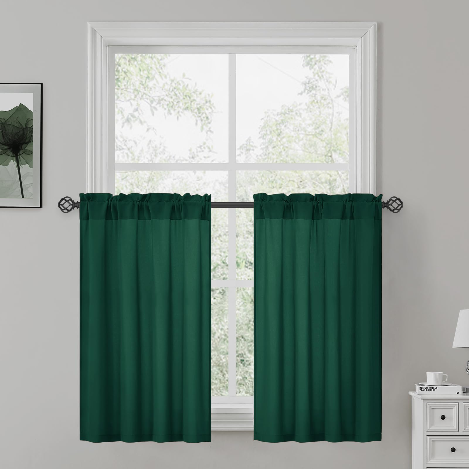 HOMEIDEAS Christmas Non-See-Through Hunter Green Privacy Sheer Curtains, 30 X 36 Inches Long 2 Panels Sheer Curtains Light Filte
