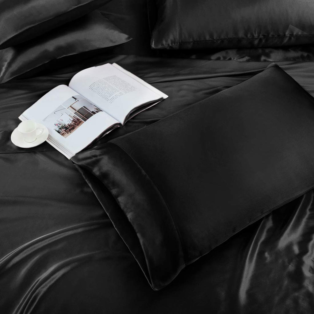 Treely 6 Piece Satin Sheets Full Size Silky Smooth Black Satin Sheet Set With Deep Pocket, Satin Fitted Sheet, Flat Sheet, 4 Sat