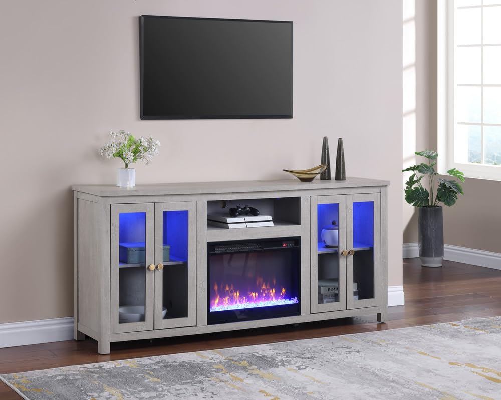 LILOLA LIVING Ellington 70" W White Walnut Finish Fireplace TV Stand Console with LED Light, Cabinets, Shelves