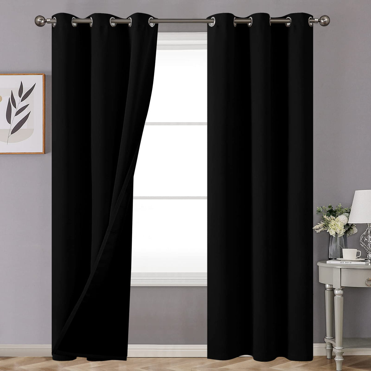 Youngstex 100% Blackout Curtains 84 Inches Length For Bedroom With Black Liner, Double Layer Grommet Thermal Insulated Total Lig