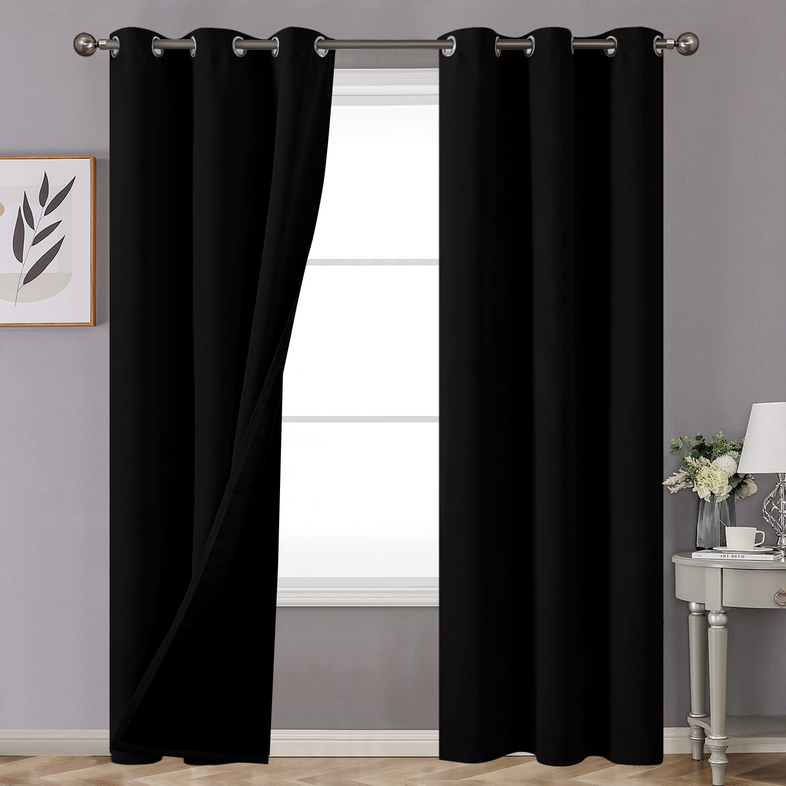 Youngstex 100% Blackout Curtains 84 Inches Length For Bedroom With Black Liner, Double Layer Grommet Thermal Insulated Total Lig