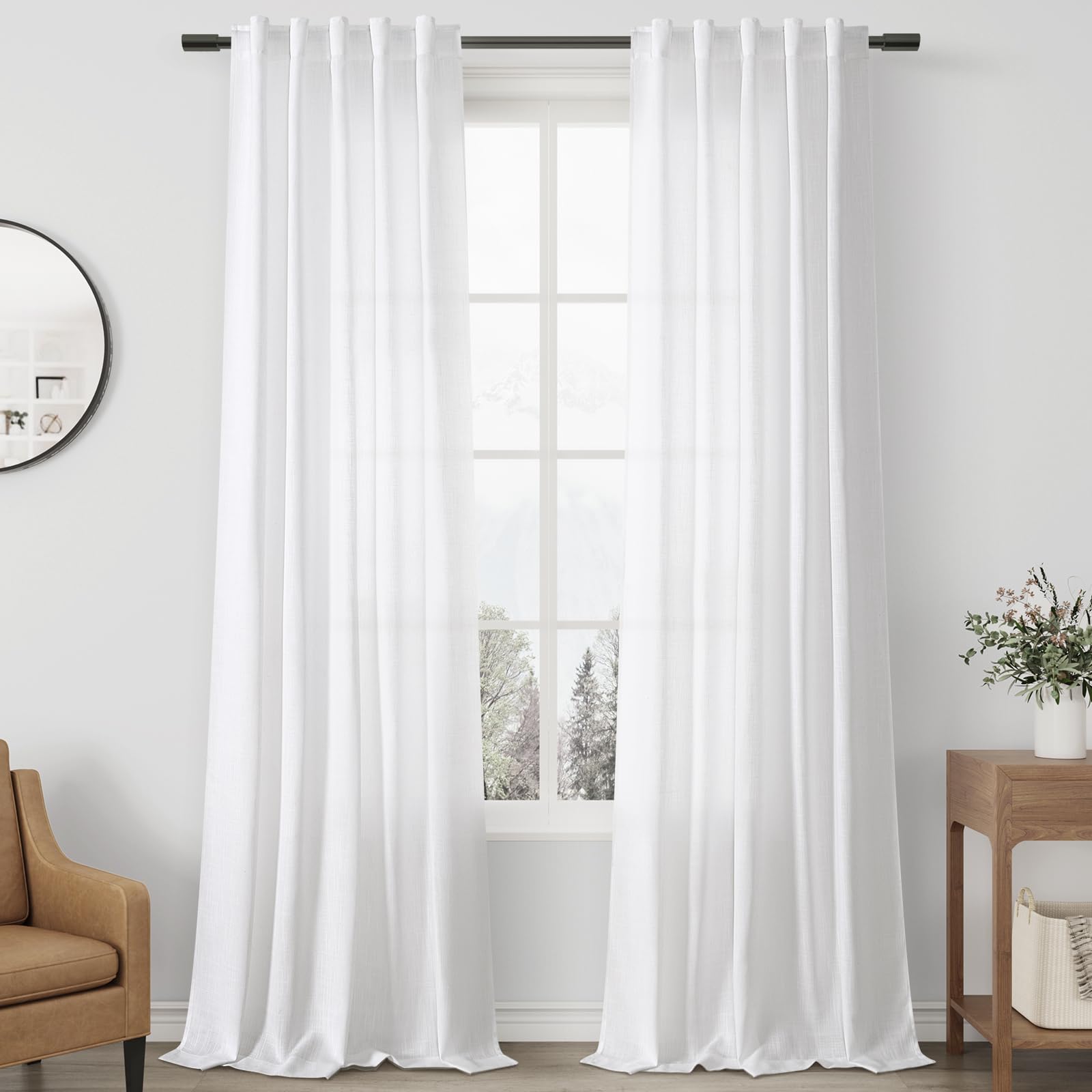 Aersas White Linen Curtains for Living Room 2 Panels Back Tab Light Filtering Semi Sheer Linen Drape Neutral Country Rustic Farm