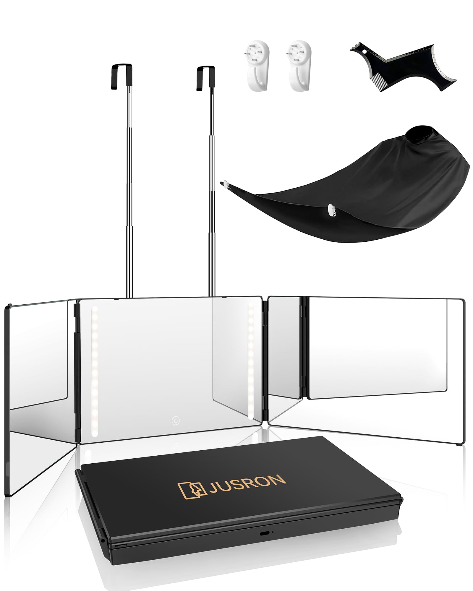 JUSRON 360 Viewing Angle Self Hair Cutting Mirror, Clear Anti-Fog HD Glass (Black with LED with Accessories)