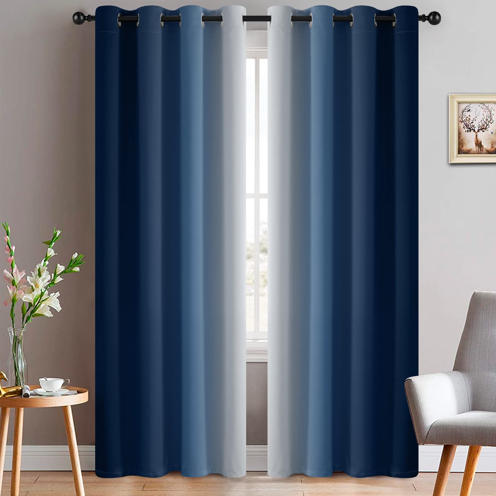 Yakamok Blue And Greyish White Ombre Curtains, Room Darkening Gradient Color Curtains For Bedroom, Light Blocking Thermal Insula