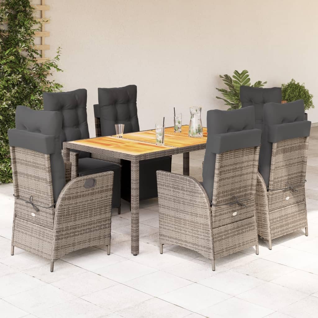 vidaXL 7 Piece Patio Dining Set with Cushions - Gray Poly Rattan, Adjustable Chairs, Weather-Resistant, Acacia Wood Tabletop, Outdoor Garden Patio Furniture