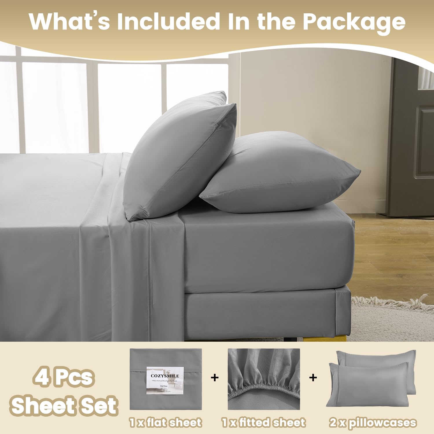 Cozysmile King Sheet Set - 4 Piece Silky Soft Breathable Bed Sheet & Pillowcase Set, 16'' Deep Pocket Hotel Luxury Wrinkle Free