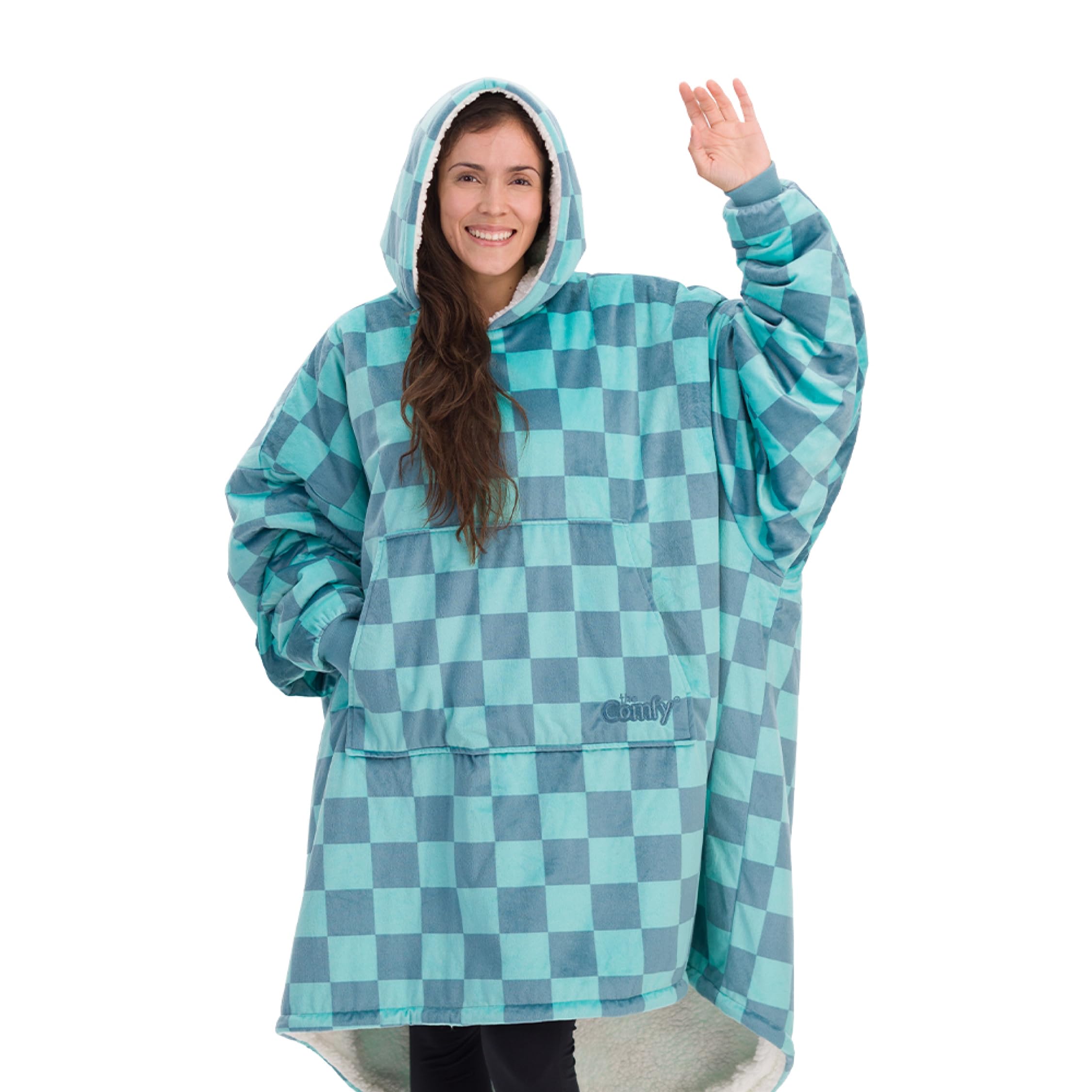 THE COMFY Original Sherpa Lined Microfiber Fleece Wearable Blanket, Oversized Teal Checkered Design with Hood and Pocket