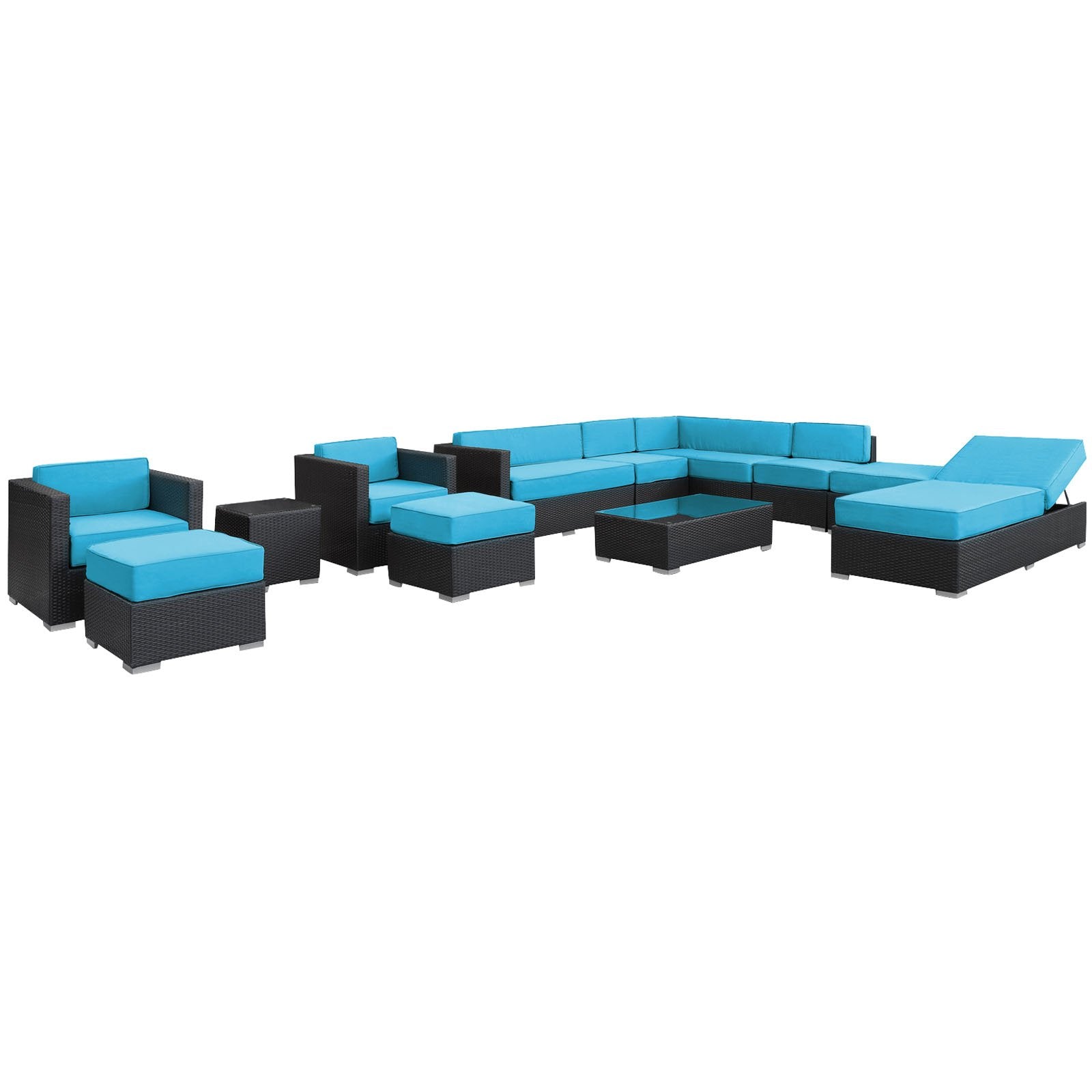 Modway Fusion 12-Piece Outdoor Rattan, Espresso With Turquoise Cushions