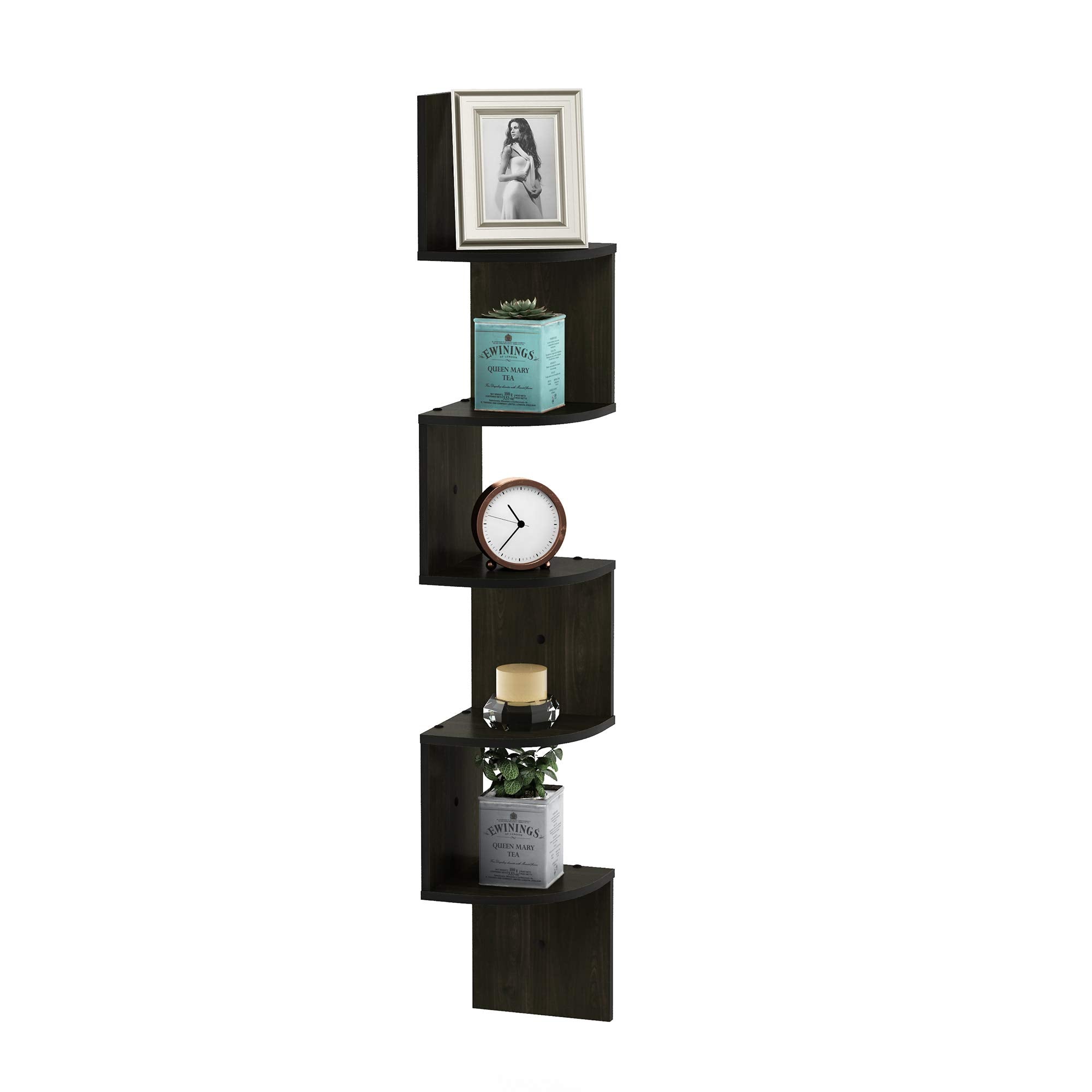 Furinno Rossi Wall Mount Floating Corner Shelf, 5-Tier Radial, Espresso