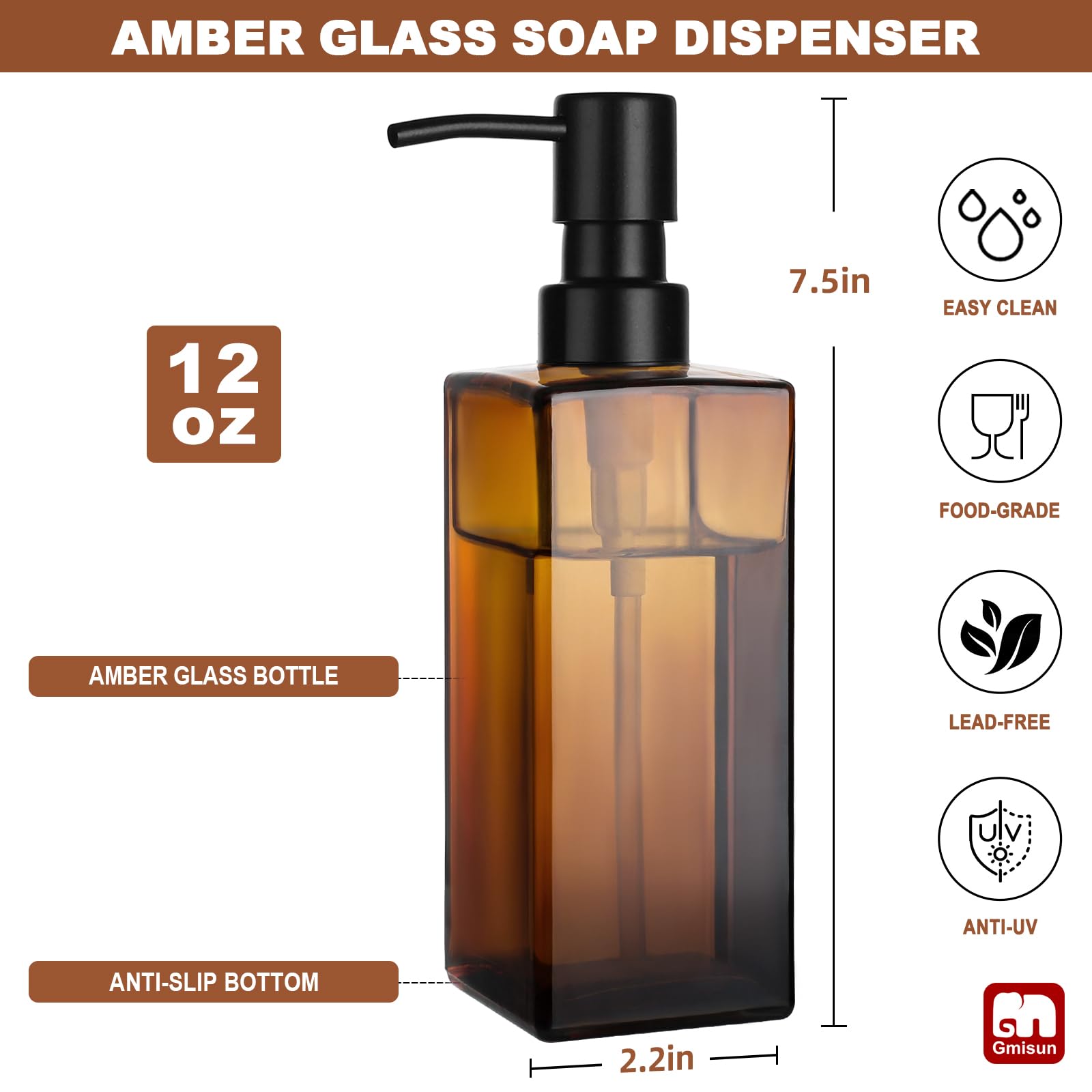 Gmisun Amber Glass Soap Dispenser With Stainless Steel Pump, Hand Soap Dispenser For Bathroom, 12Oz Dish Soap Dispenser For Kitc