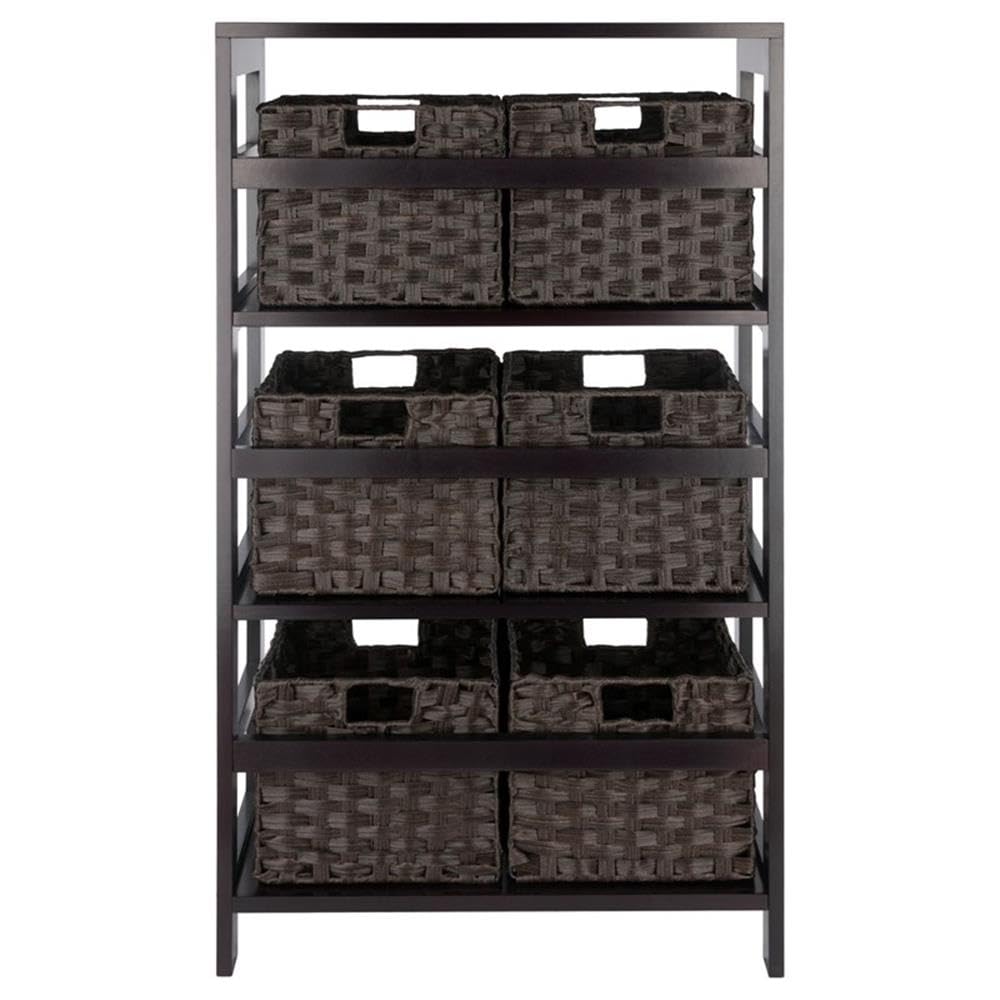 Winsome Leo 3-Tier Wide Storage Shelf with 6 Foldable Woven Baskets, for Living Room, Home Office, Bedroom, Espresso