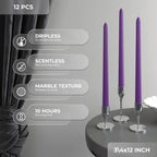 Candwax 12 Inch Taper Candles Set Of 12 - Dripless And Smokeless Candle Unscented - Slow Burning Candle Sticks - Purple Candles
