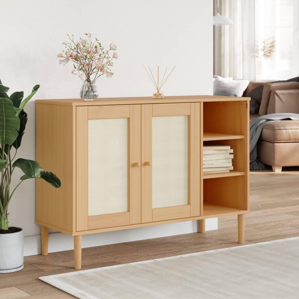 vidaXL Solid Pine Wood Sideboard with Rattan Look Doors - UV Varnish Brown SENJA - Ample Storage - Combined Modern and Boho Style