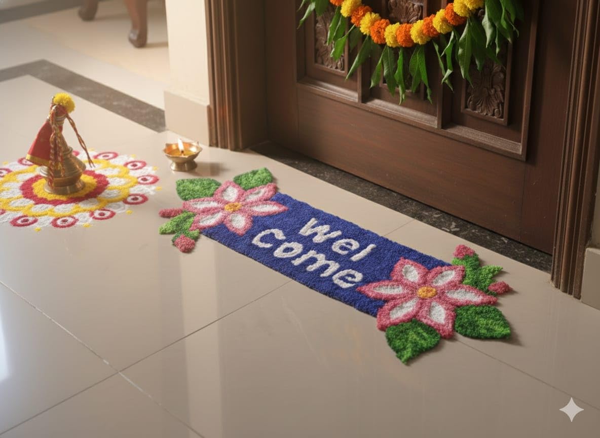 GURUKRUPA SHOPEE Welcome Floral Entrance Door Mat, Blue with Pink Flowers and Green Leaves Design