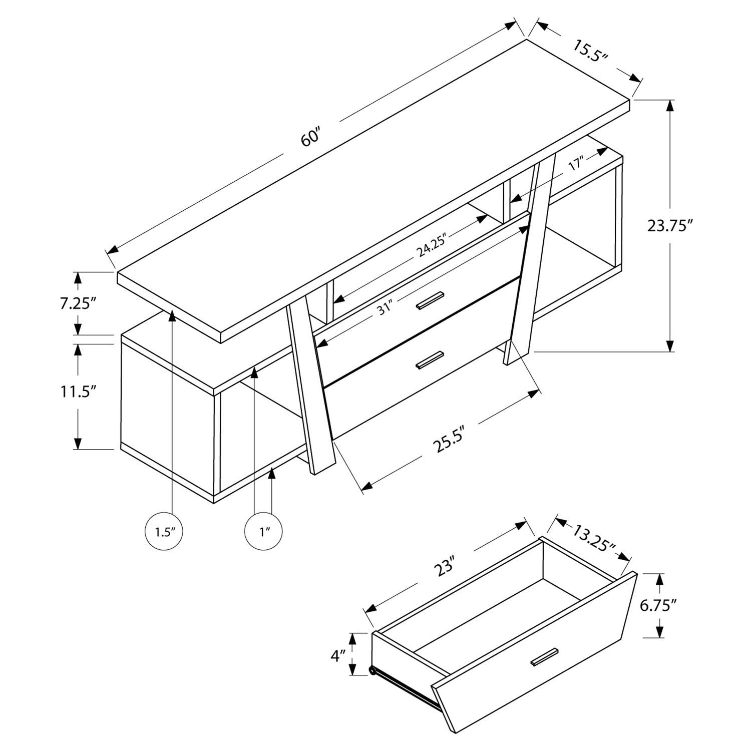 Monarch Specialties Dark Taupe with 2 Storage Drawers TV Stand, 60'