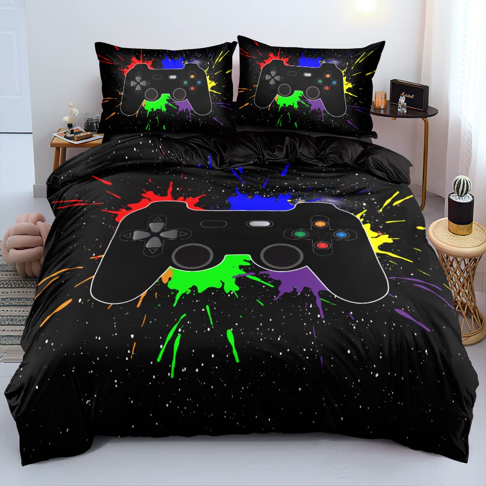 Holiyjog Game Bedding Set For Boys Kids Gamepad Duvet Cover With 2 Pillowcases Gamer Bedroom Decor Black Bed Set 3Pcs,Twin Size