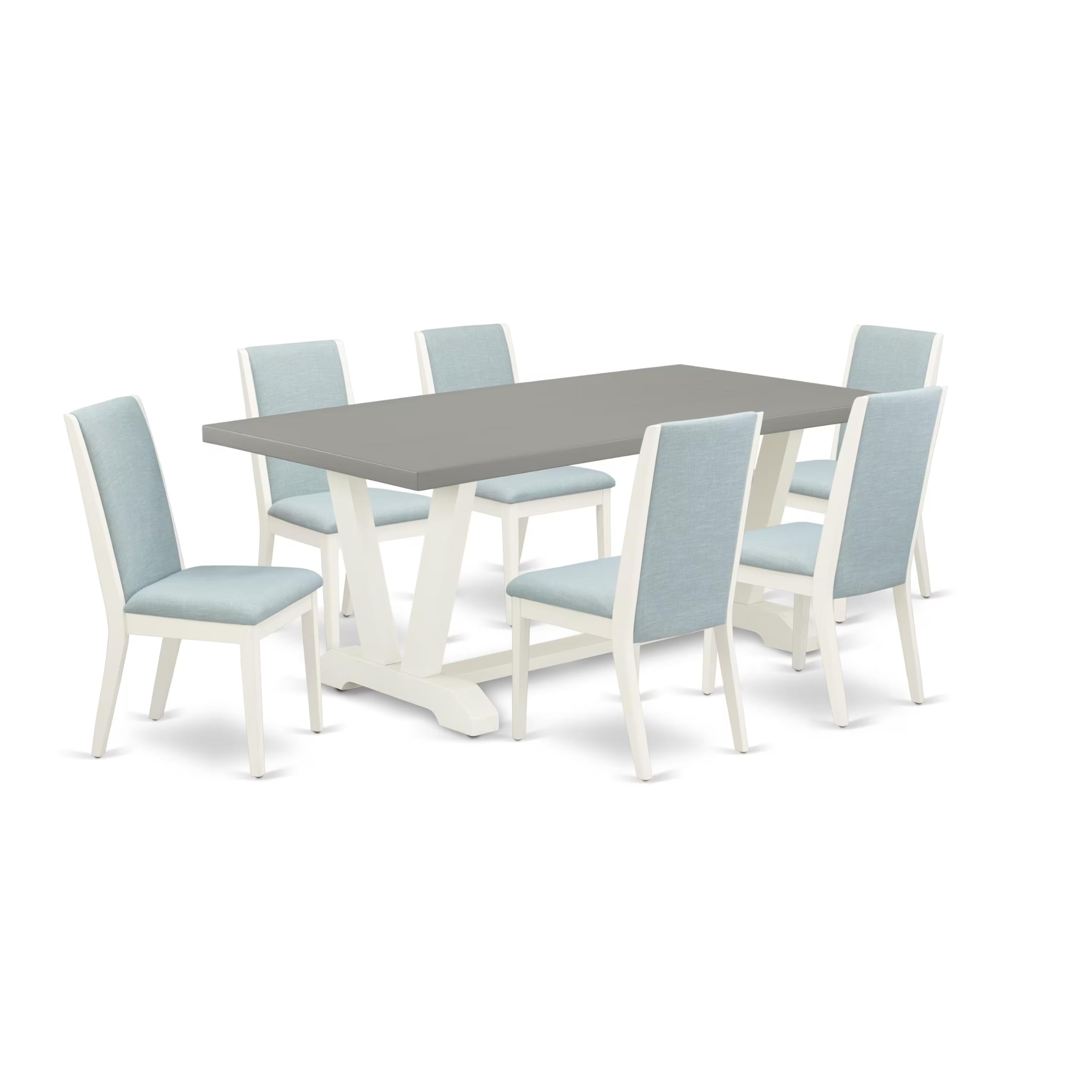 East West Furniture V097La015-7 7 Piece Dinette Set Consist Of A Rectangle Dining Table With V-Legs And 6 Baby Blue Linen Fabric Parson Dining Room Chairs, 40X72 Inch, Multi-Color
