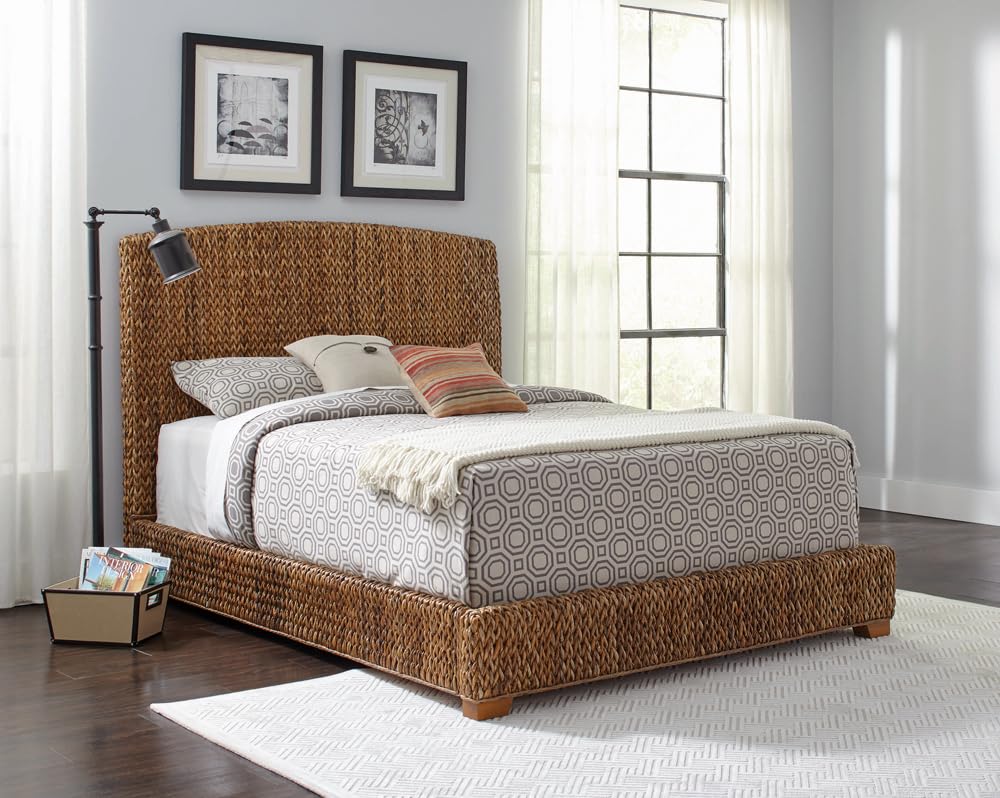 Coaster Home Furnishings Laughton Coastal Hand Woven Banana Leaf Bed Frame Queen Size Upholstered Panel Bed Amber Brown 300501Q