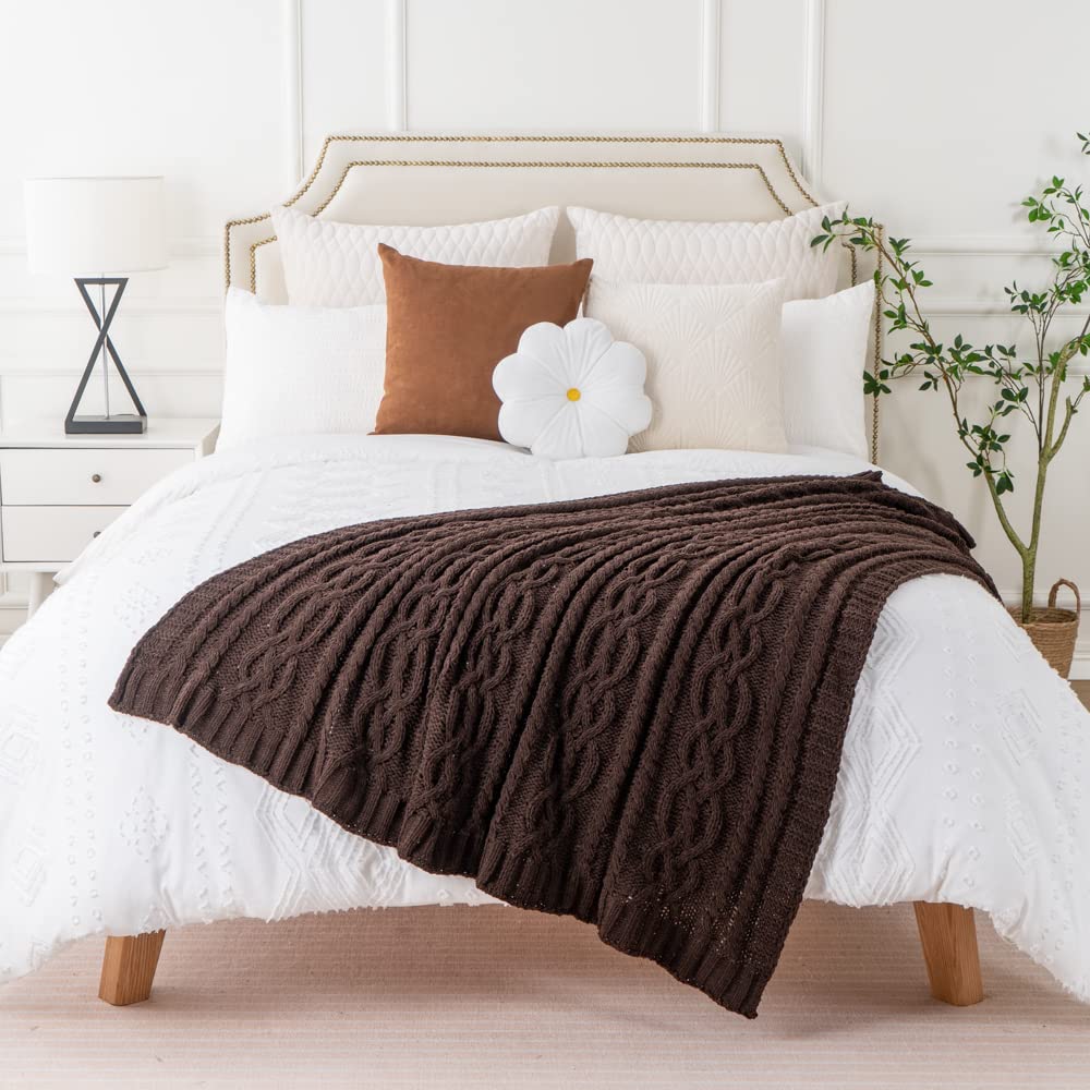 Battilo Dark Brown Throw Blanket For Couch, 51''X67'' Soft Chenille Knit Throw Blanket, Decorative Chocolate Brown Blanket For B