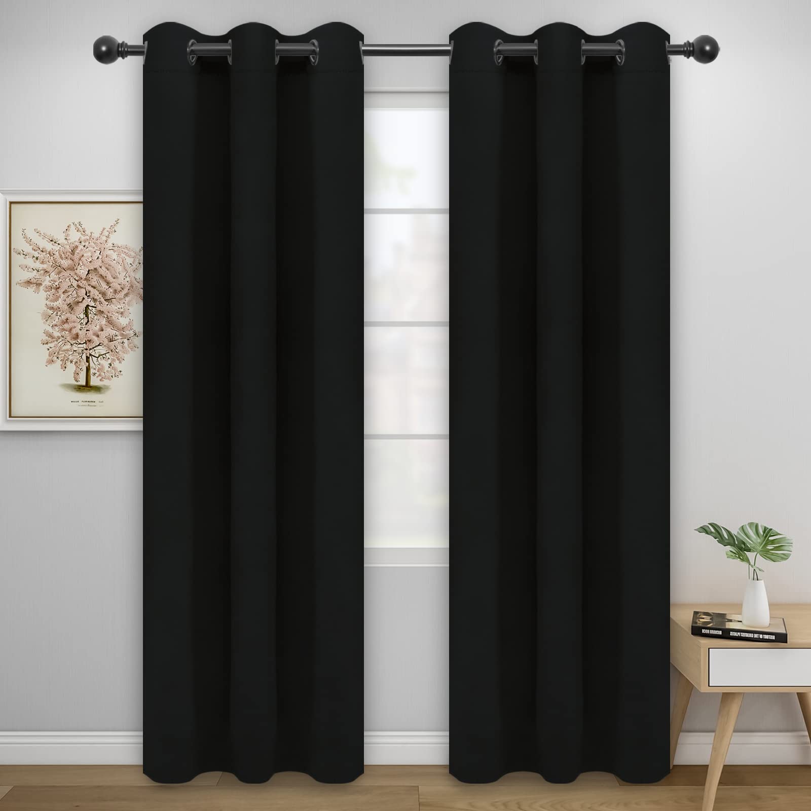 Easy-Going Blackout Curtains For Bedroom, Solid Thermal Insulated Grommet And Noise Reduction Window Drapes, Room Darkening Curtains For Living Room, 2 Panels (42X95 In, Black)