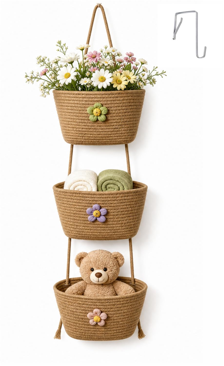 Hanging Wall Basket 3Tier Woven Cotton Over the Door Storage Organizer