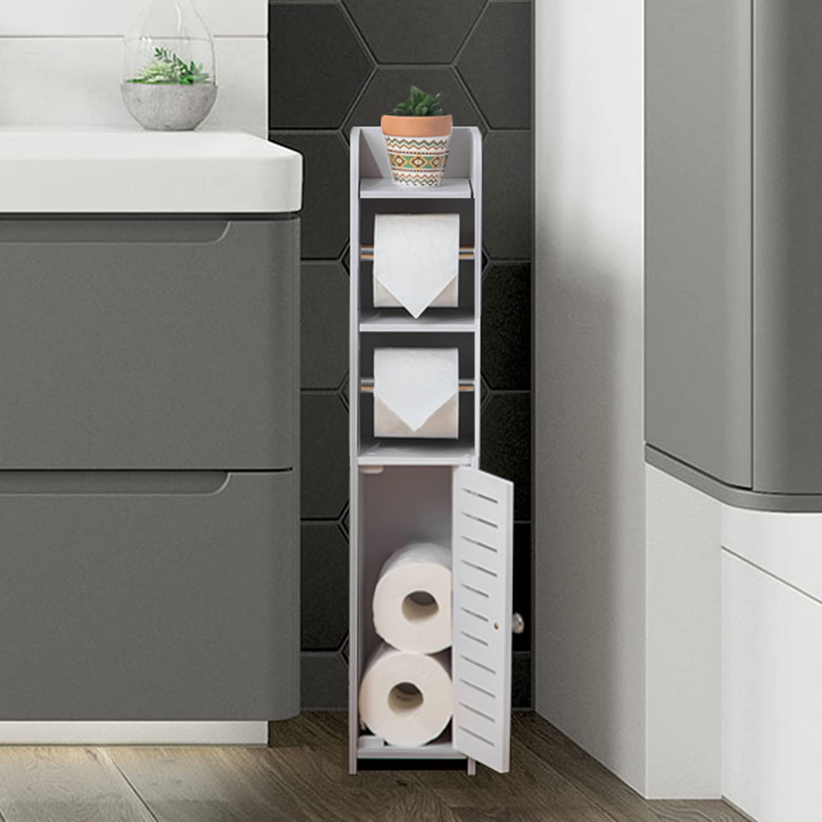 Tuoxinem Small Bathroom Storage Cabinet With Dual Rods For Small Spaces,Over The Toilet Storage Cabinet For Bathroom Storage,Slim Toilet Paper Storage Cabinet With 4 Tier Design,Fit Mega Roll (White)