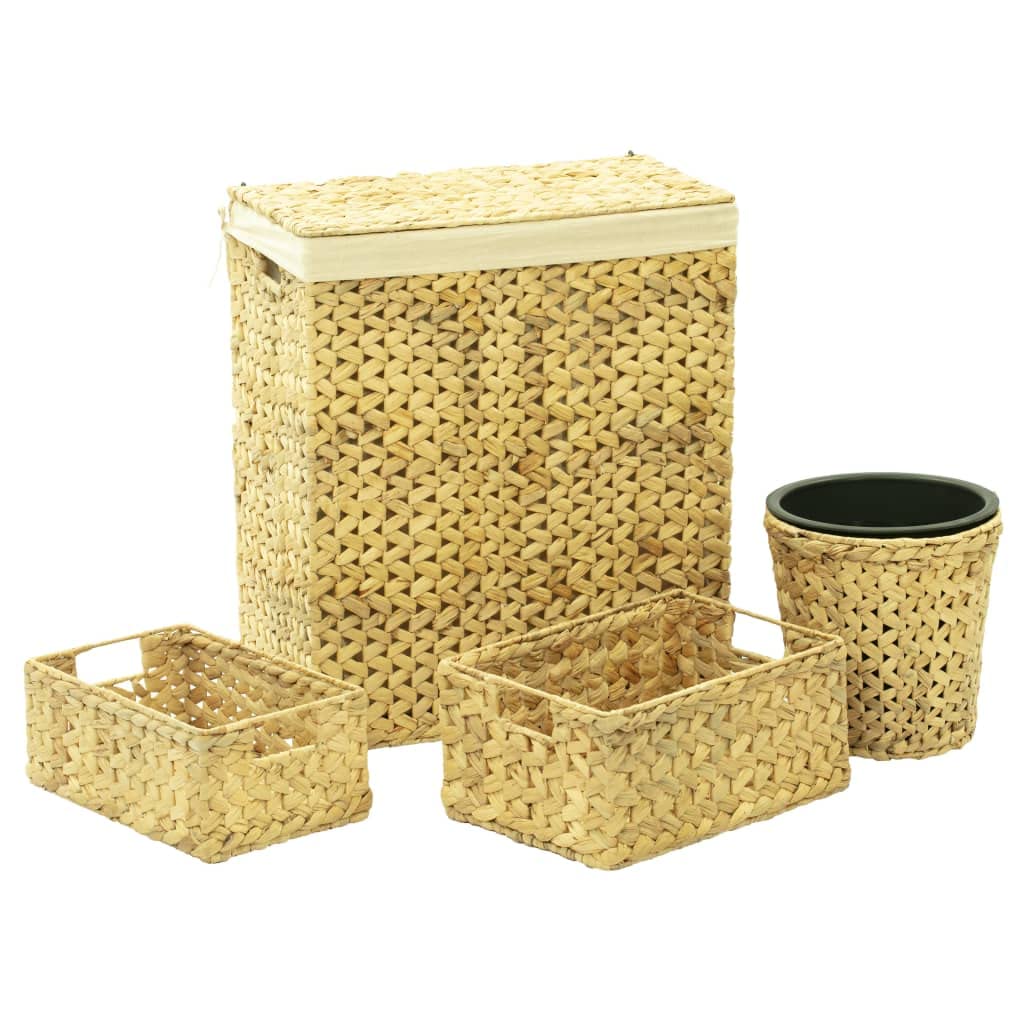 vidaXL Bathroom Set - 4 Piece Set with Laundry Basket, Rectangular Storage Baskets, and Trash Bin - Made of Durable Water Hyacinth and Iron Frame - Natural and Cream Liner