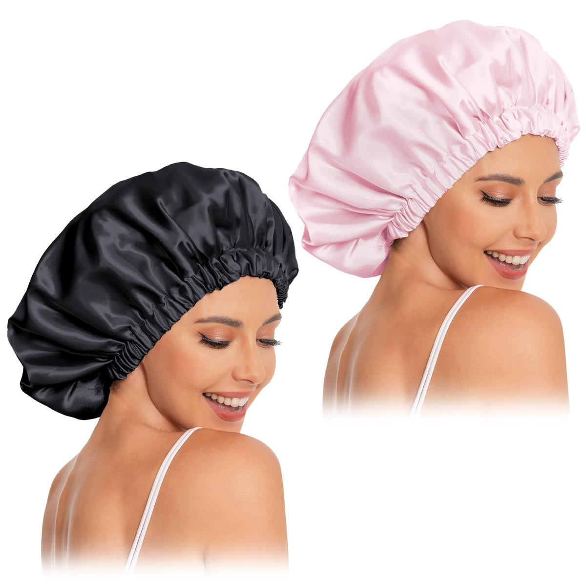 Satin Bonnet Silk Bonnet Hair Bonnet for Sleeping-Slouchy Beanie Hat Satin Sleep Cap for Women's Natural & Curly Hair(Black&Pink