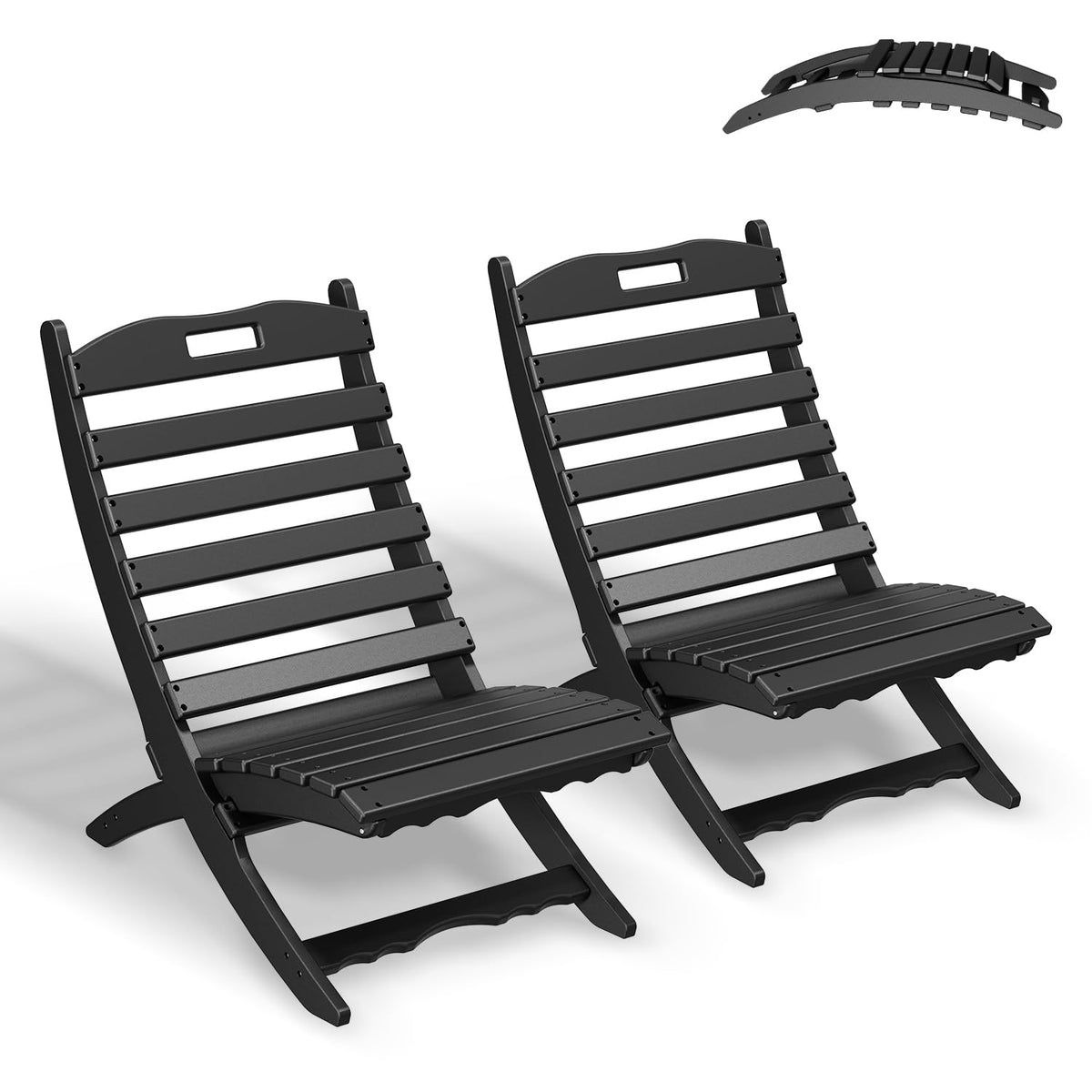 Greenvines Folding-Xavier-Chairs Set Of 2 | Wave | Portable Adirondack-Chair | Hdpe Plastic | All Weather Fire-Pit Chair | Black | For Beach Outdoor Deck Poolside Garden Patio Porch Fishing