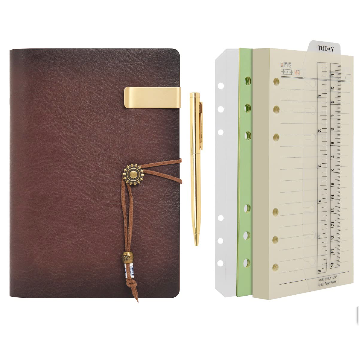 Wonderpool Leather Journal A6 Refillable 6 Ring Binder Notebook With Lined Paper And Pen,Writing Diary For Work Travel And Agend