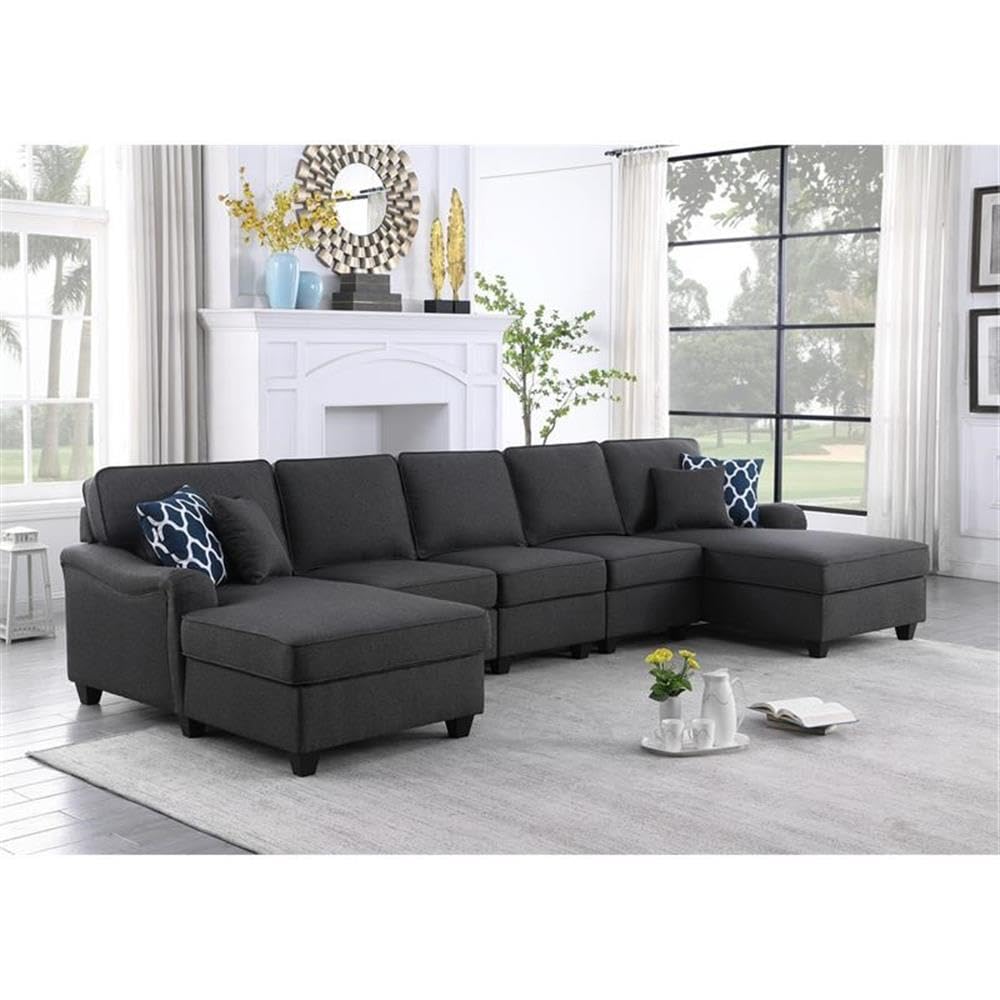 Lilola Home Leo Dark Gray Linen Double Chaise 5Pc Modular Sectional Sofa