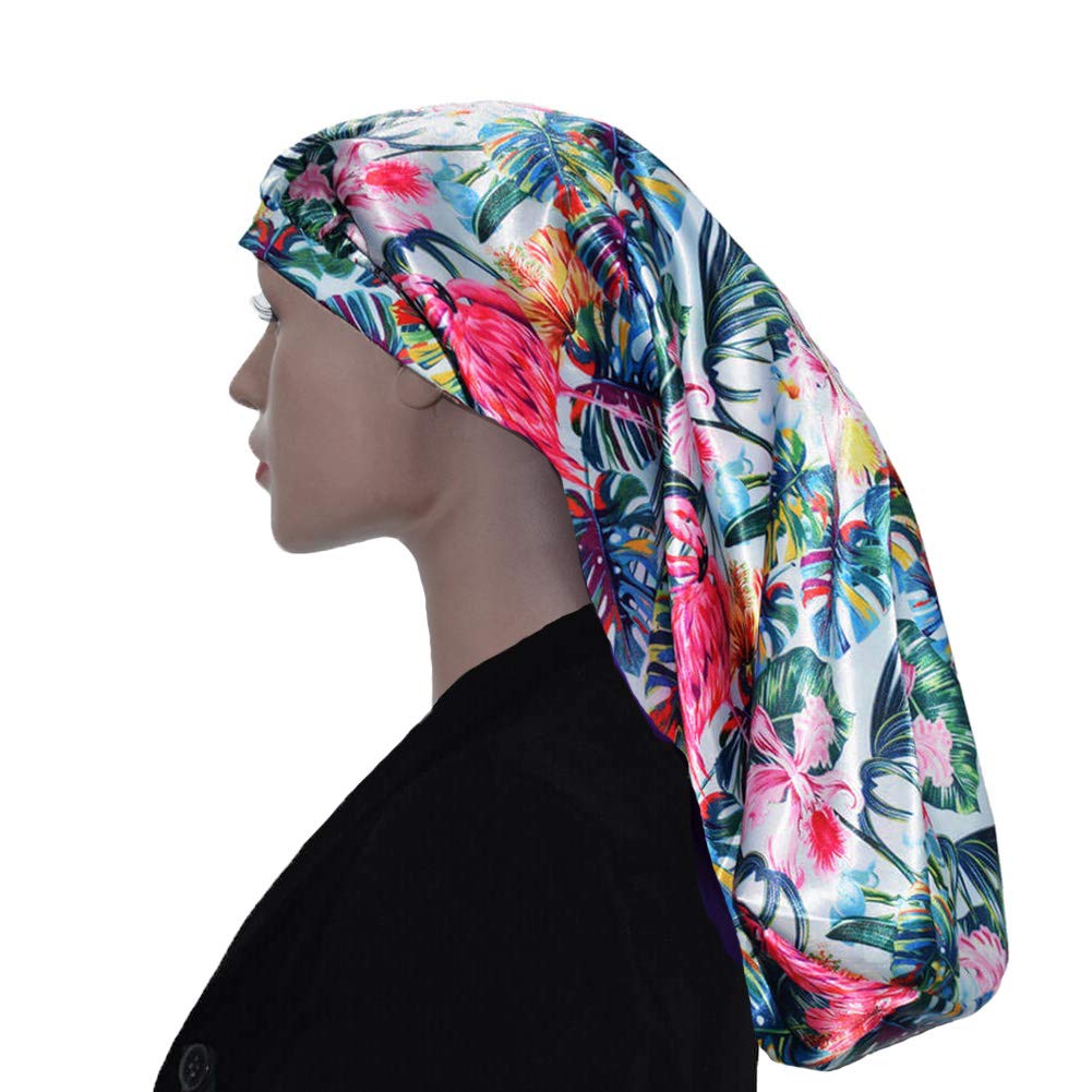 Long Satin Bonnet XL Extra Large Sleep Cap- Double Layers with Pink Lining, Soft Elastic Band for Women Curly Natural Hair (Flam