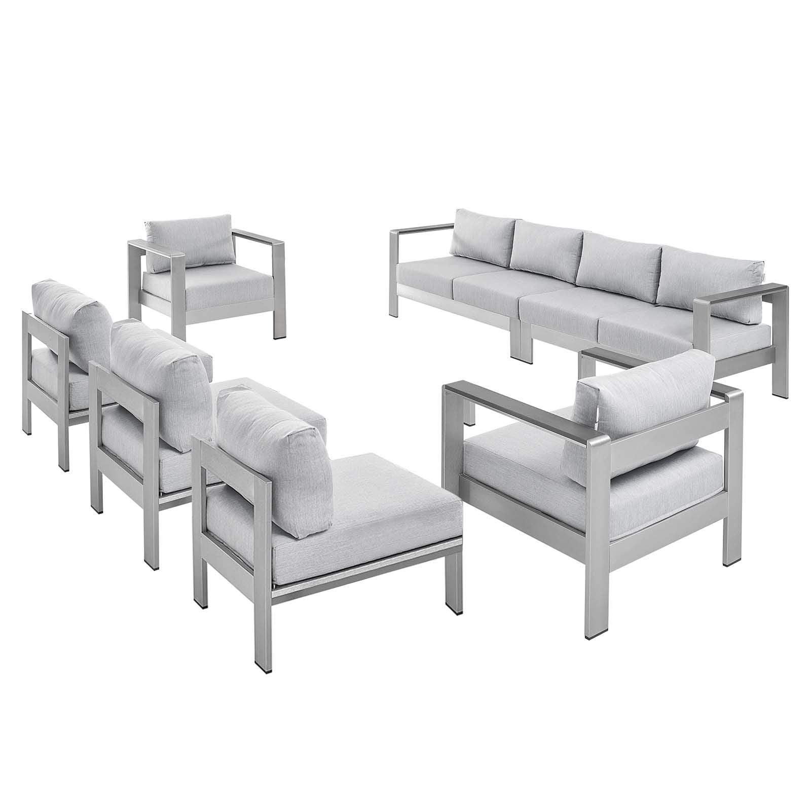 Modway EEI-5481-SLV-GRY-SET Shore Sunbrella Fabric Outdoor Patio Aluminum 7 Piece Silver Gray Sectional Sofa Set