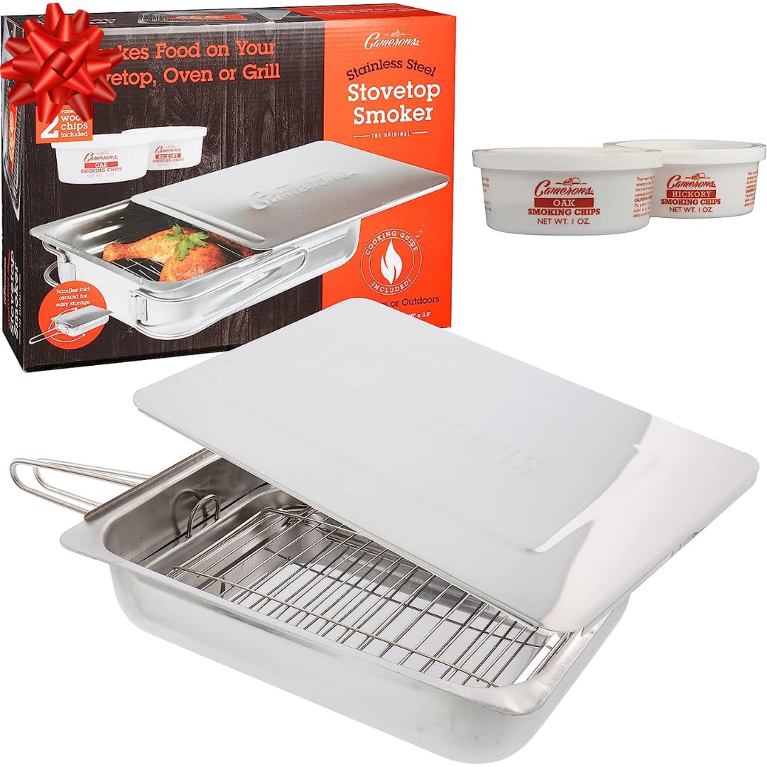 Camerons Large Stovetop Smoker - Stainless Steel Bbq Smoker Box W/Hickory & Oak Wood Chips & Recipe Guide - Indoor Outdoor Use -