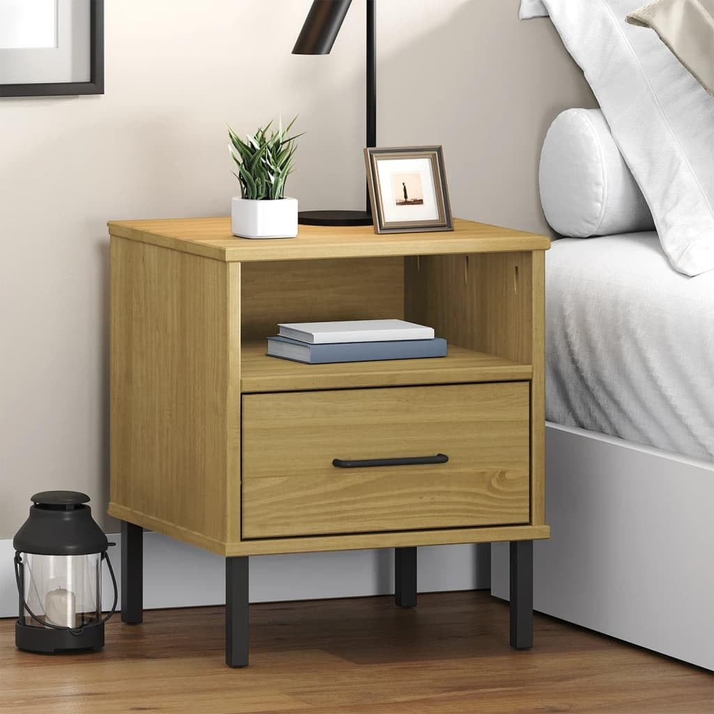 vidaXL Brown Bedside Cabinet in Solid Pine Wood with Metal Legs - Industrial Style Drawer and Compartment Bedroom Furniture - Oslo Range