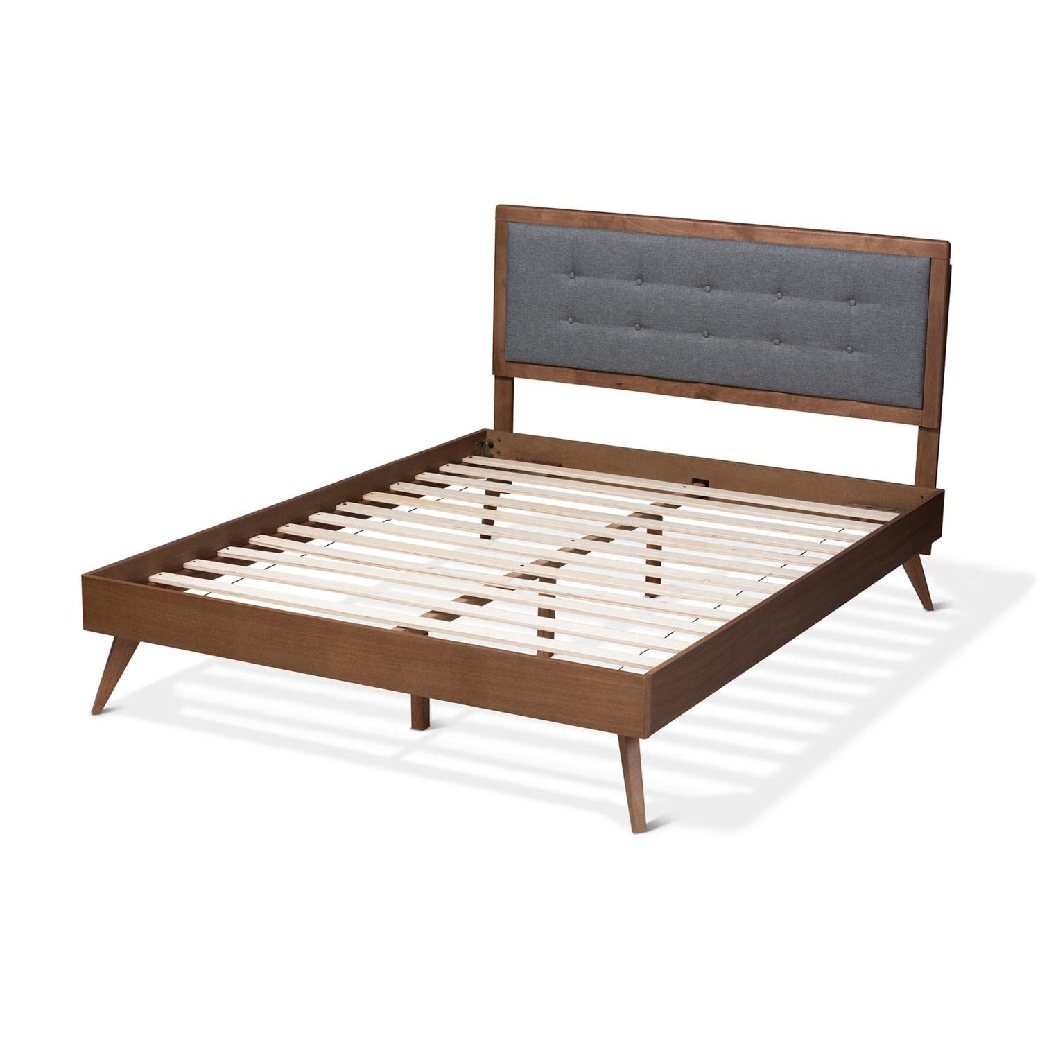 Baxton Studio INES Mid-Century Modern Dark Grey Fabric Upholstered Walnut Brown Finished Wood Queen Size Platform Bed
