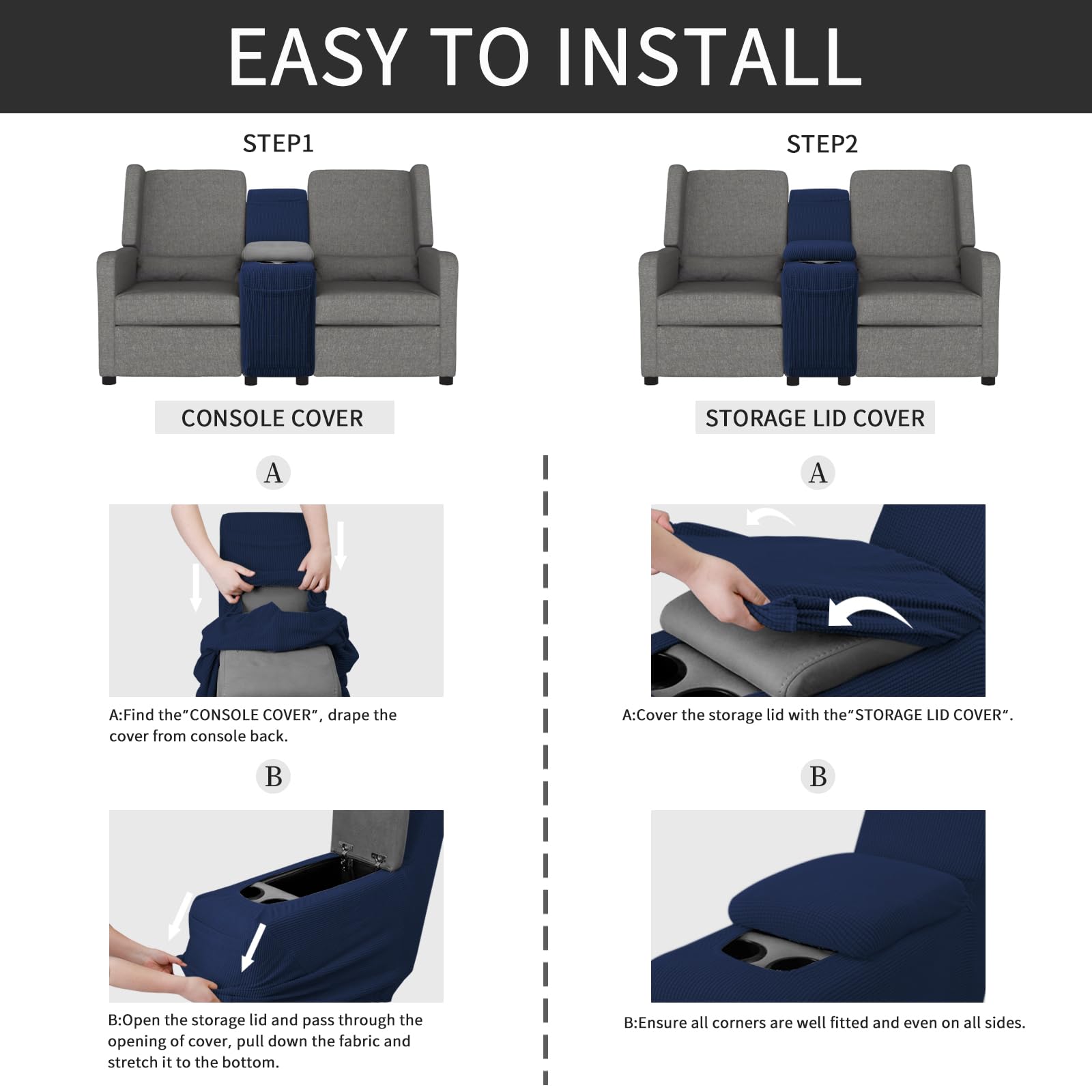 Easy-Going 2-Piece Recliner Console Cover For Reclining Loveseat Covers Stretch Jacquard Middle Console Cover For Recliner Couch And Sofa Navy