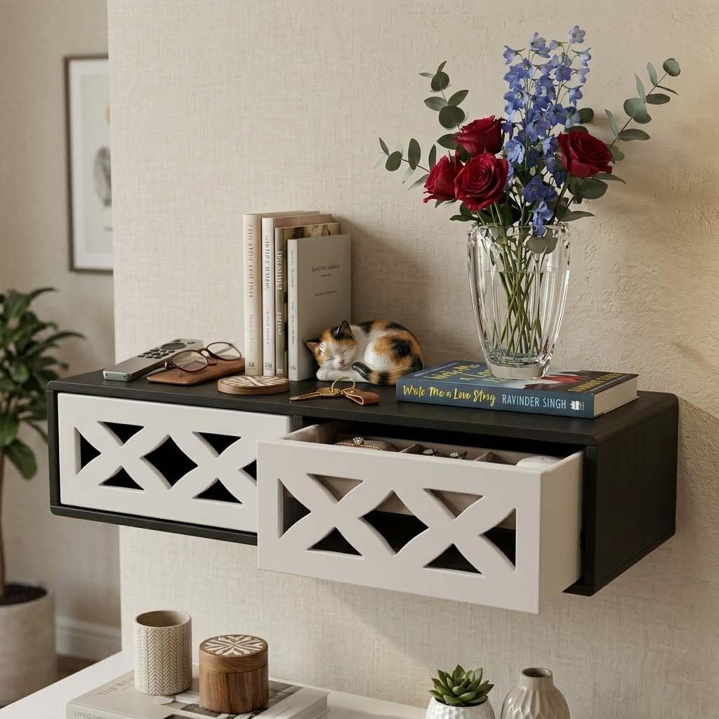 Wooden 2 Drawer Wall Shelf For Living Room & Bedroom | Floating Wall Mounted Storage Shelf With Decor CutOut Drawers | Engineer