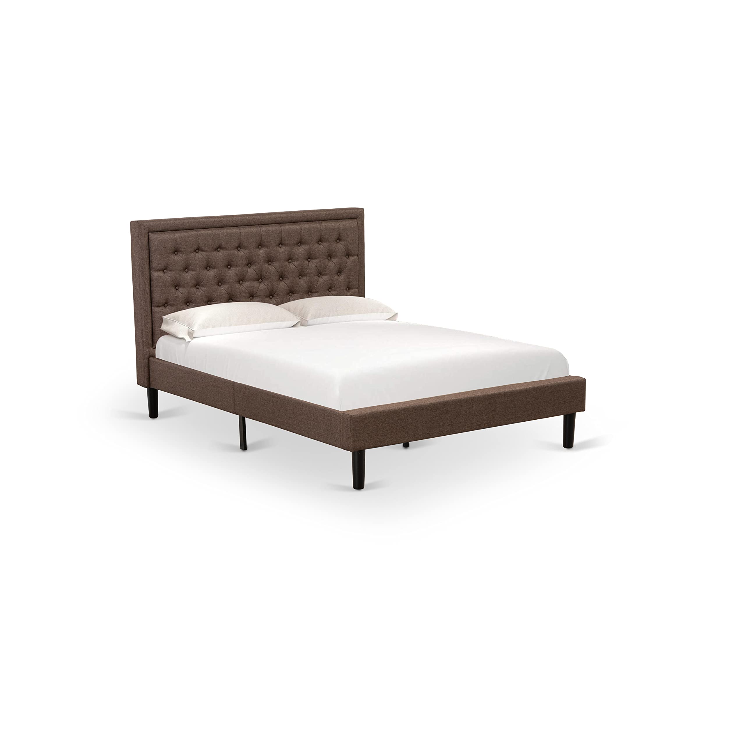 East West Furniture KDF-18-Q Platform Queen Bed Frame - Brown Linen Fabric Upholstered Bed Headboard with Button Tufted Trim Design - Black Legs