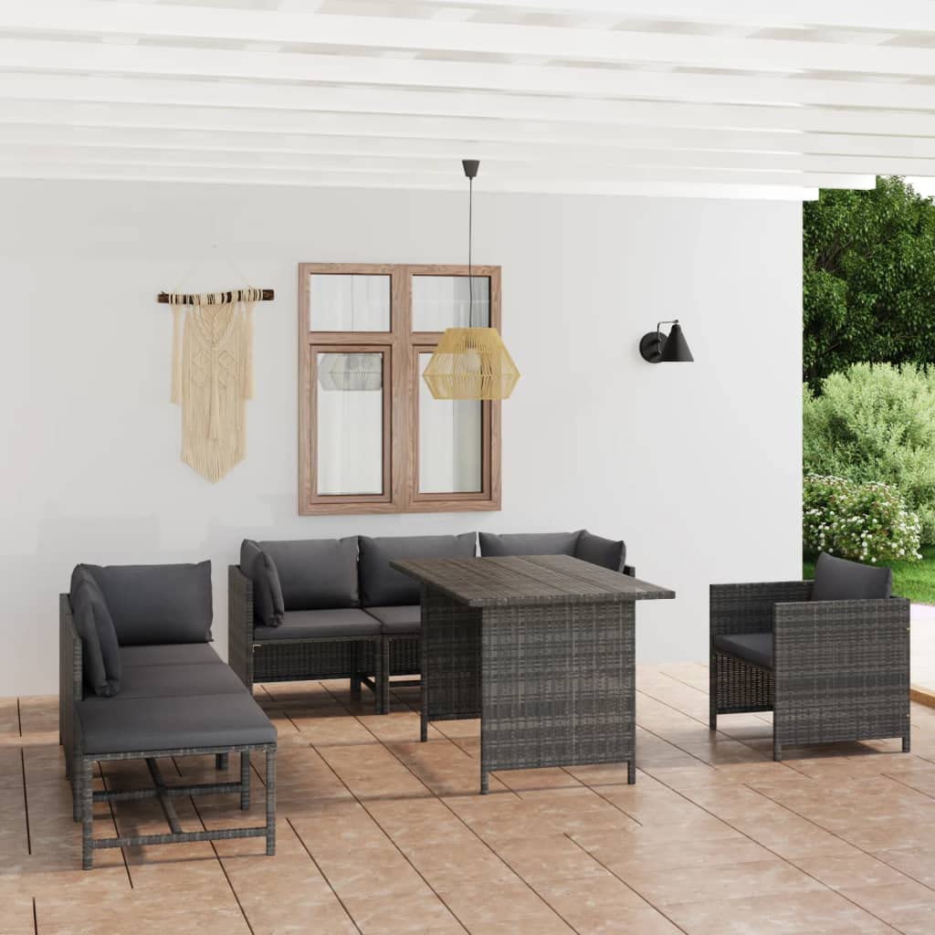 vidaXL 8-Piece Patio Lounge Set with Cushions, Poly Rattan, Powder-Coated Steel Frame, with Dining Table, Gray