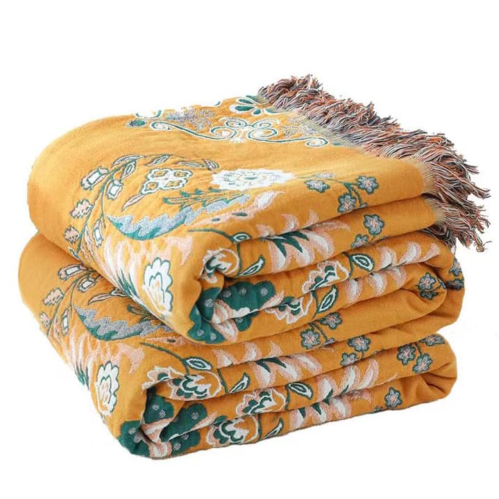 VANJOROY Large Boho Throw Blanket, 100% Organic Cotton Soft Sofa Bed Throw-Floral Farmhouse Decor Blanket, Reversible Throw for 
