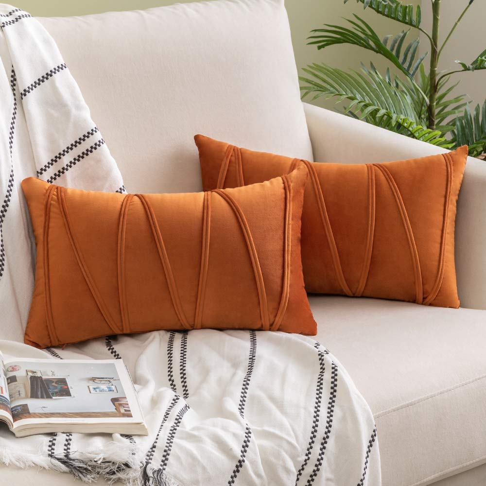 Woaboy Pack Of 2 Fall Decorative Velvet Throw Pillow Covers Striped Modern Solid Cushion Covers Rectangle Soft Cozy For Bed Sofa