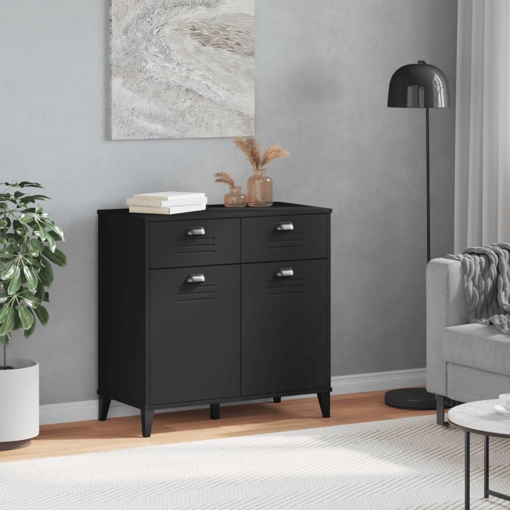 vidaXL Sideboard Storage Buffet - Black Engineered Wood, 2 Drawers & 2 Doors - Industrial Style for Living Room, Hallway, Office - 31.5&quot;x15.7&quot;x31.5&quot;