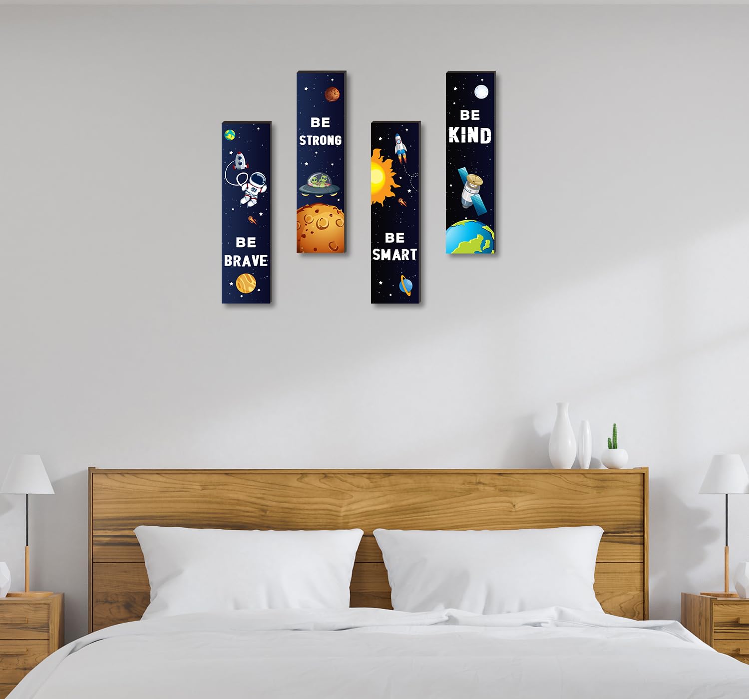 4 Pieces Space Decor Wooden Hanging Wall Plaques, Outer Space Theme Room Wall Art Decor, Boys Bedroom Decor Space Motivational Q