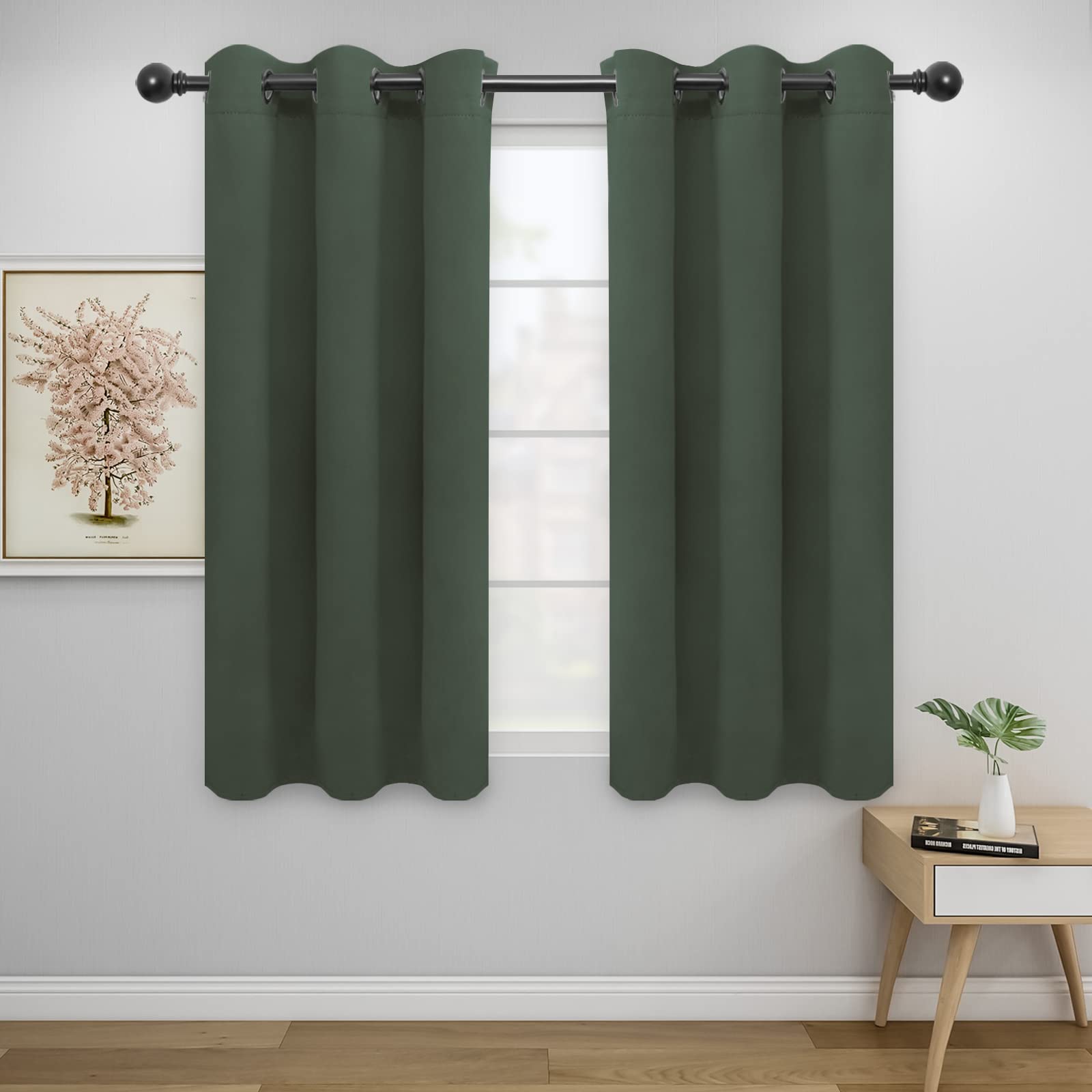 Easy-Going Blackout Curtains For Bedroom, Solid Thermal Insulated Grommet And Noise Reduction Window Drapes, Room Darkening Curtains For Living Room, 2 Panels (42X54 In, Greyish Green)